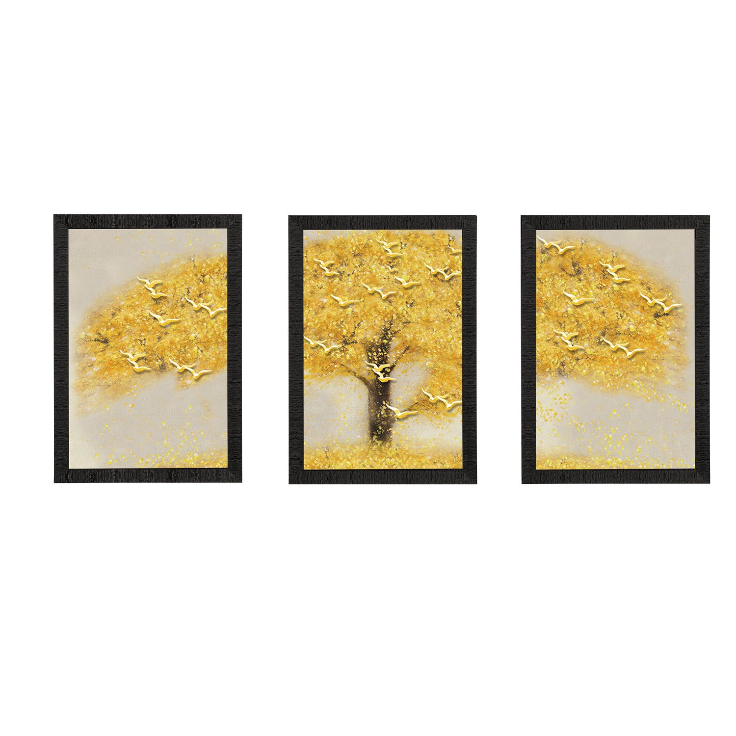 Set Of 3 Yellow Tree and Birds Satin Matt Texture UV Art Painting