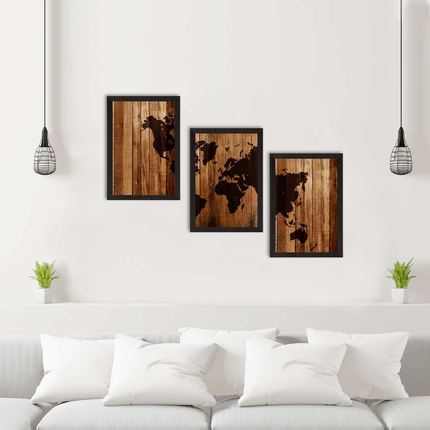 World Map Wooden Texture Set of 3 Satin Matt Texture UV Art Painting 1