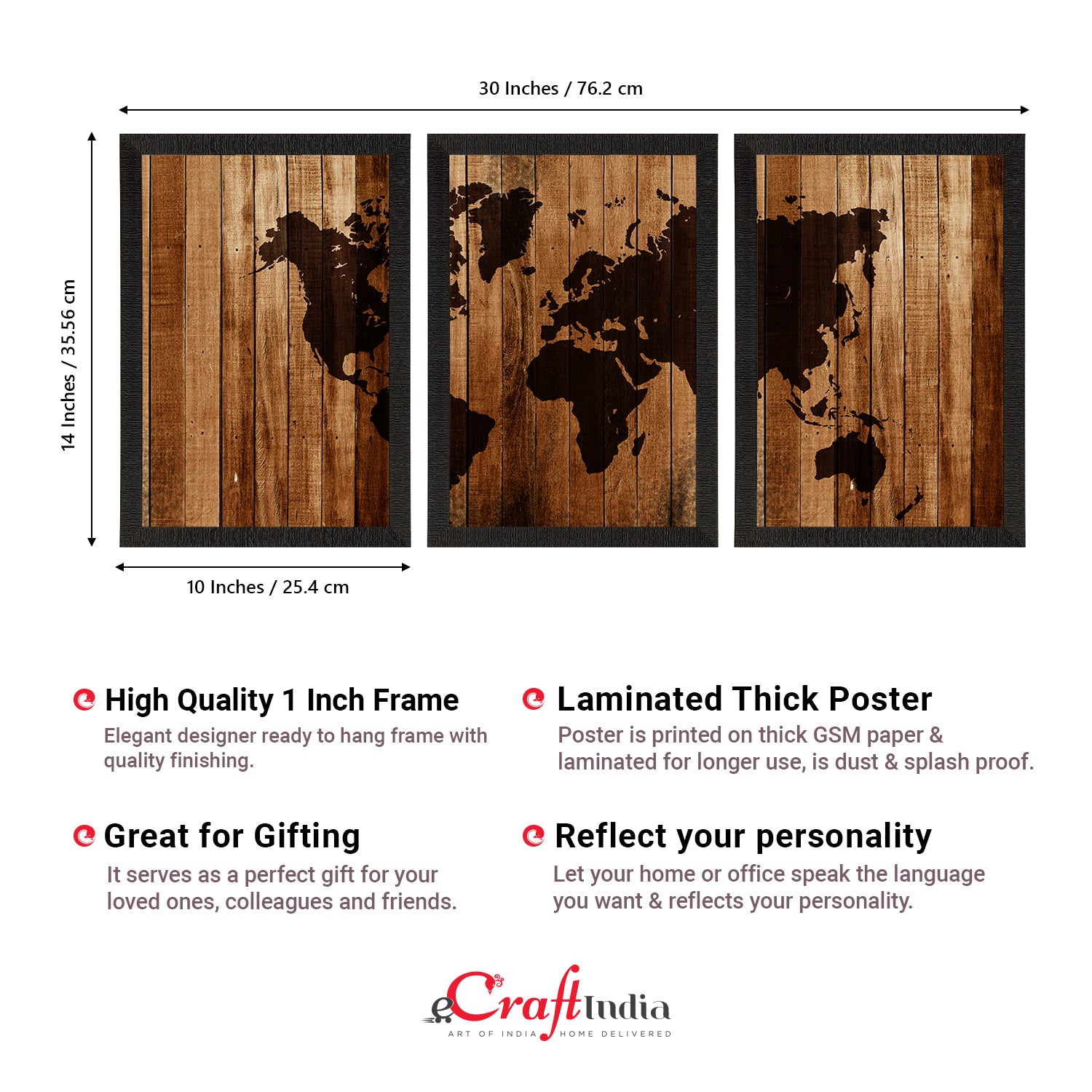 World Map Wooden Texture Set of 3 Satin Matt Texture UV Art Painting 3
