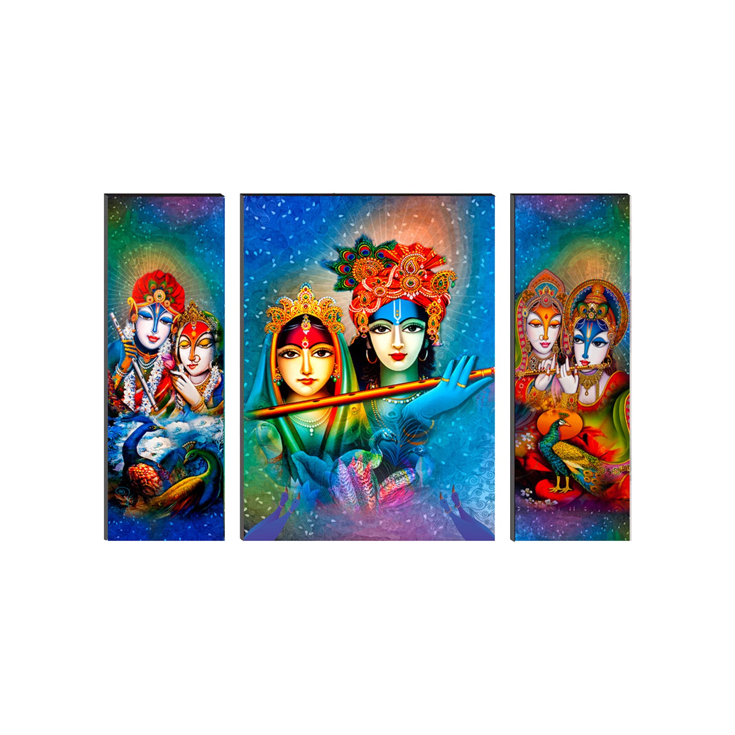 Beautiful Radha And Krishna With Flute Paintings Set Of 3 Digital Printed Religious Wall Art