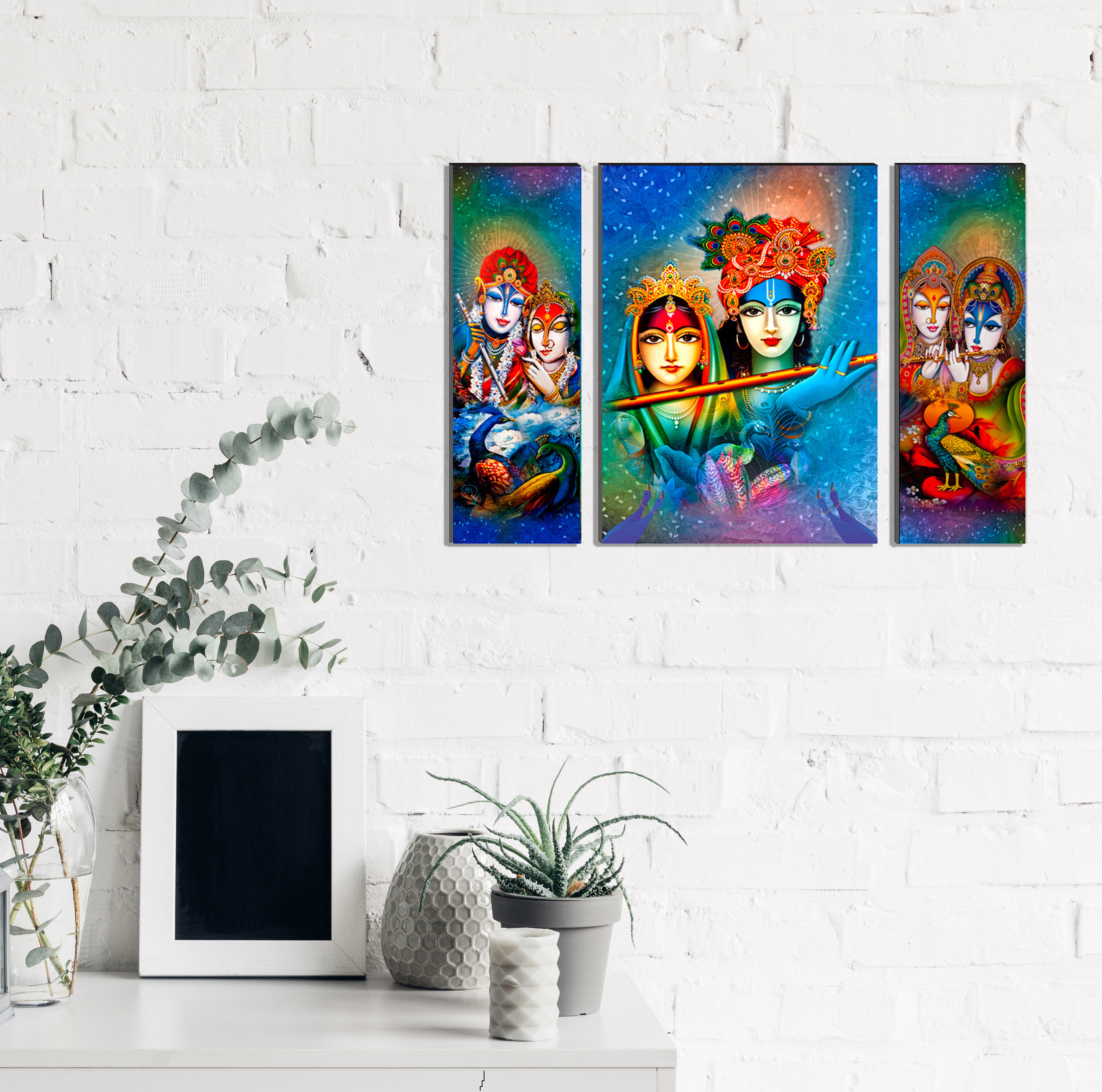Beautiful Radha And Krishna With Flute Paintings Set Of 3 Digital Printed Religious Wall Art 1