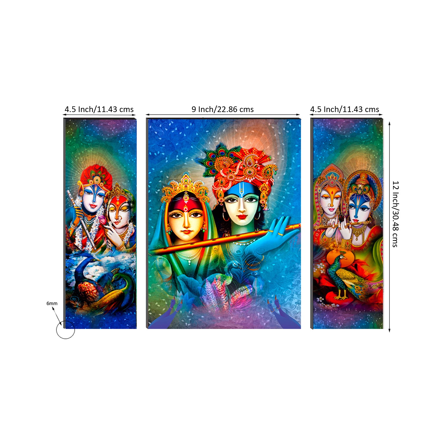 Beautiful Radha And Krishna With Flute Paintings Set Of 3 Digital Printed Religious Wall Art 2
