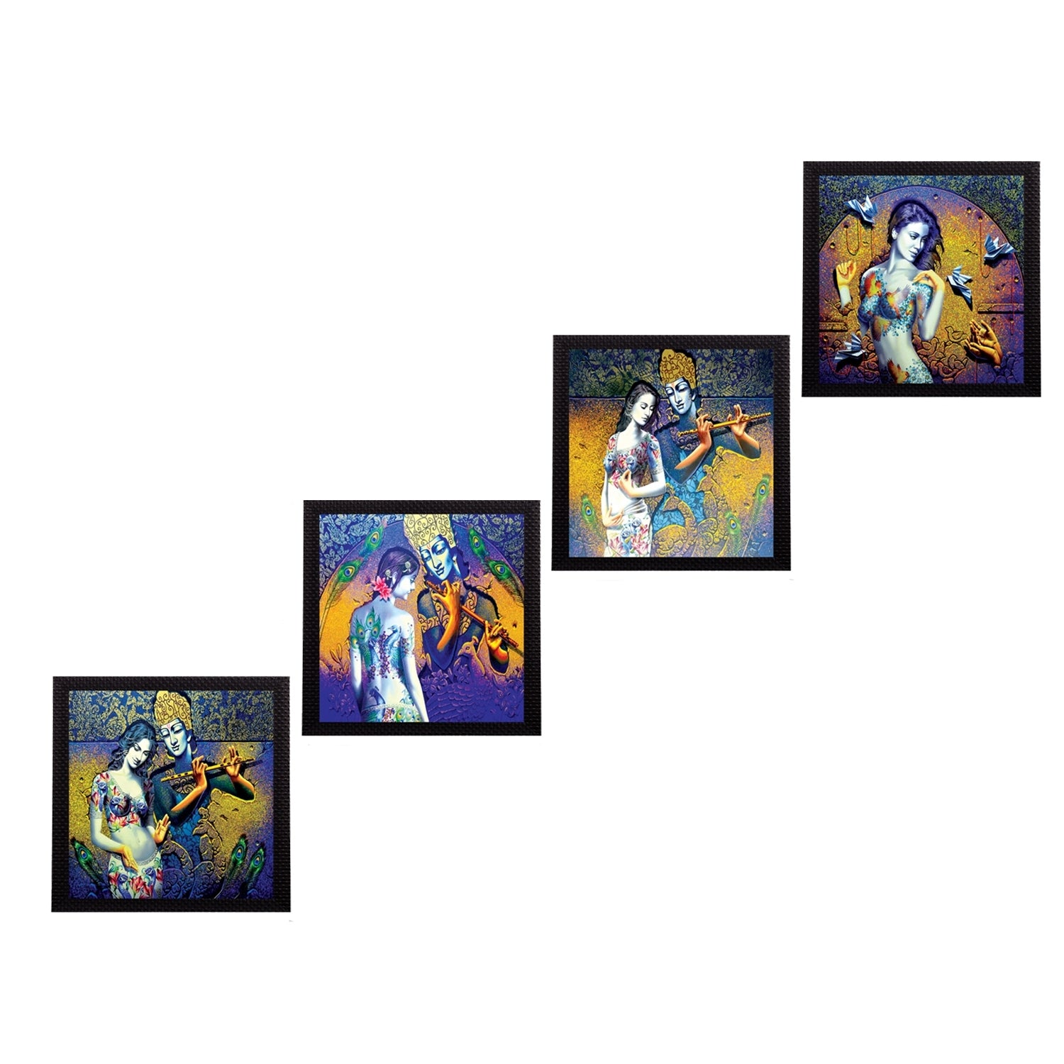 Set Of 4 Abstract Radha Krishna Satin Matt Texture UV Art Painting