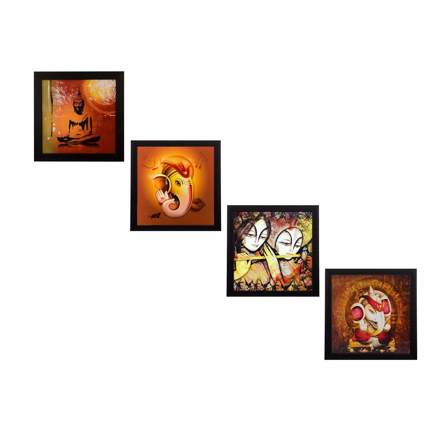 Set Of 4 Radha Krishna, Ganesha and Buddha Satin Matt Texture UV Art Painting