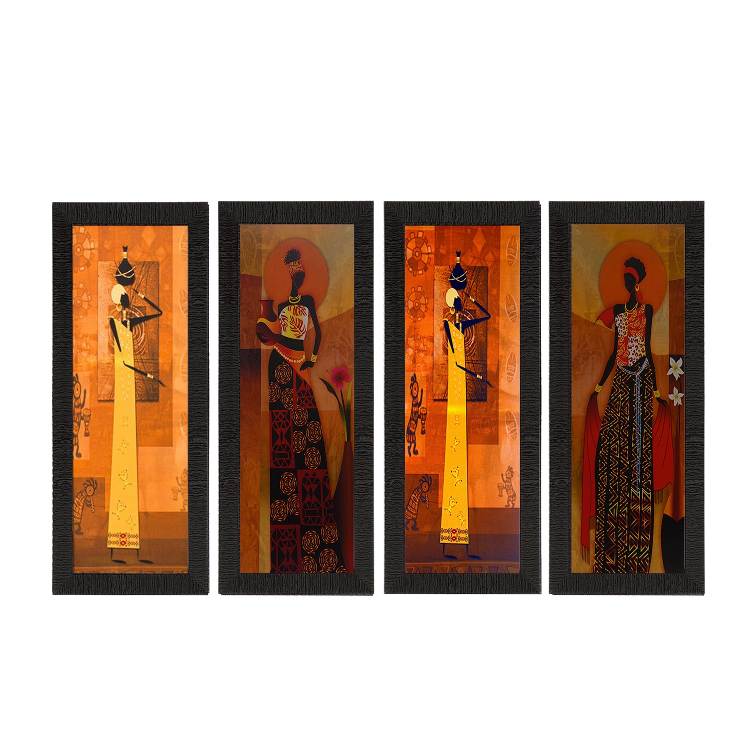Set Of 4 Tribal Women Satin Matt Texture UV Art Painting