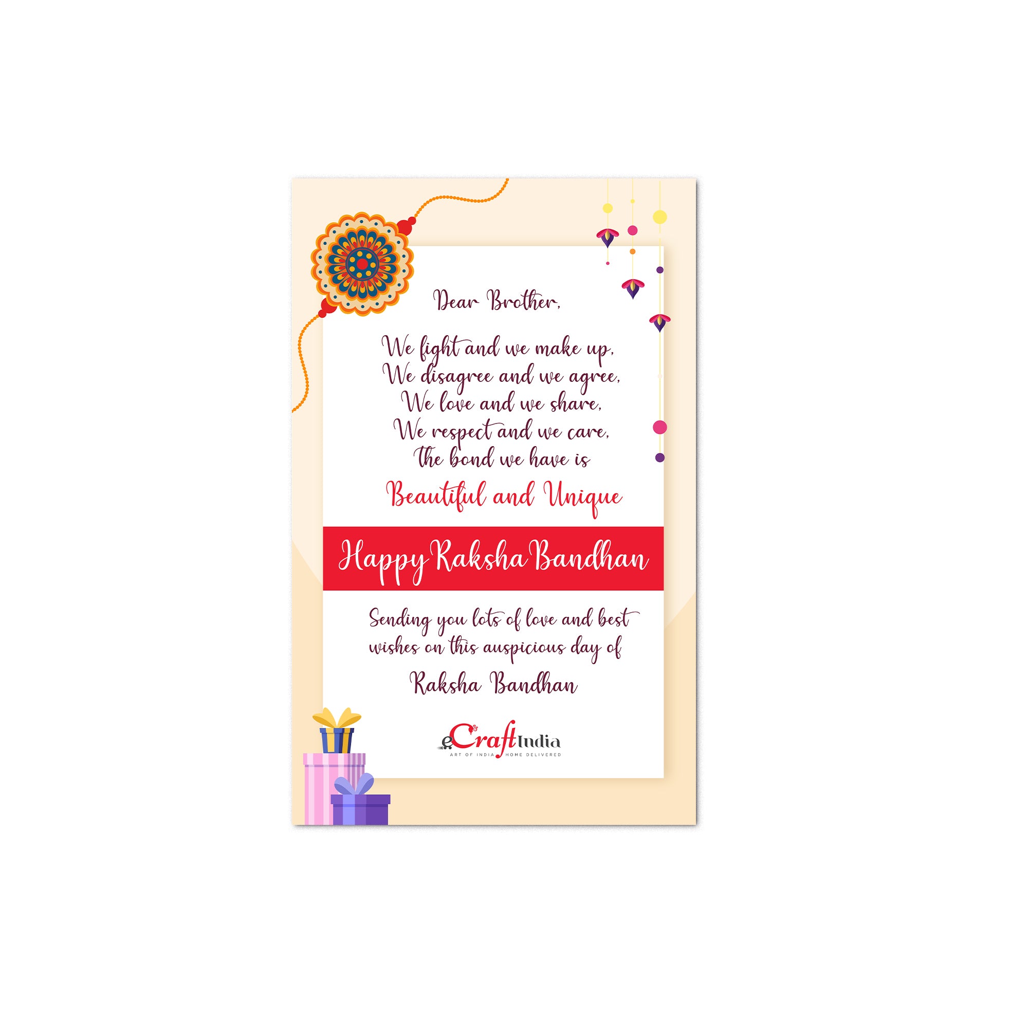 Designer Rakhi with Soan Papdi (500 Gm) and Roli Chawal Pack, Best Wishes Greeting Card 4