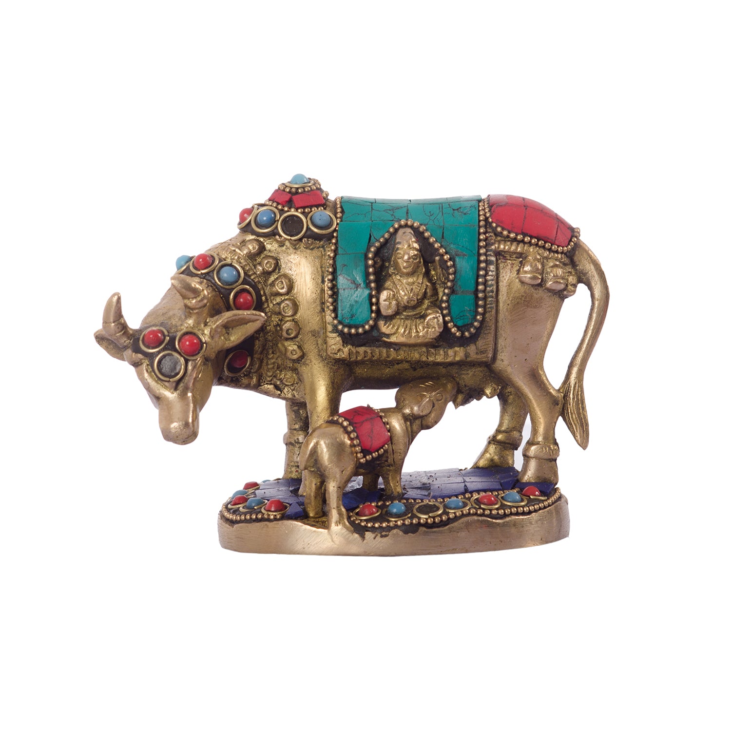 Stone Studded Brass Cow And Calf Statue Animal Figurines