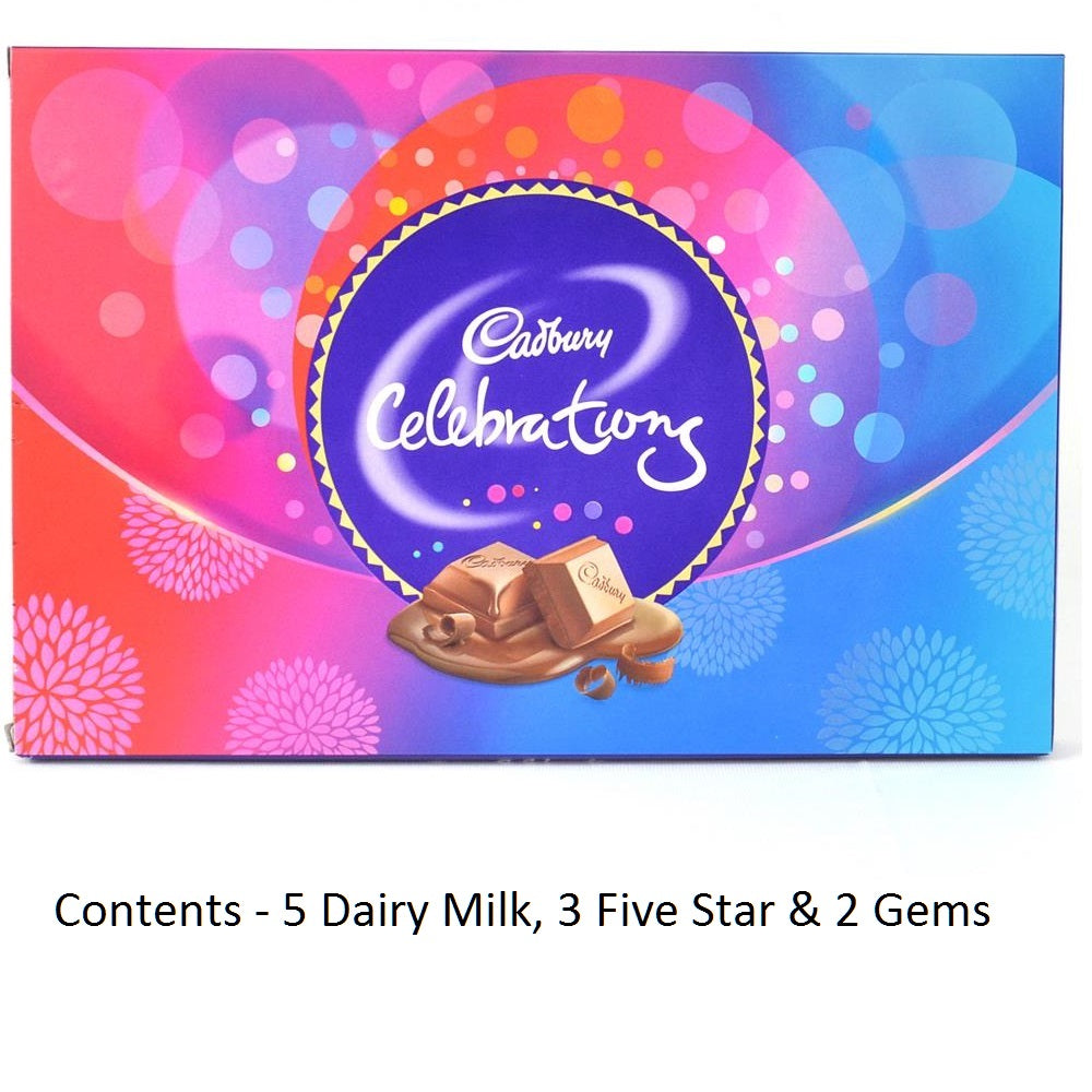 Designer Rakhi with Cadbury Celebrations Gift Pack of 11 Assorted Chocolates and Roli Tikka Matki, Best Wishes Greeting Card 1