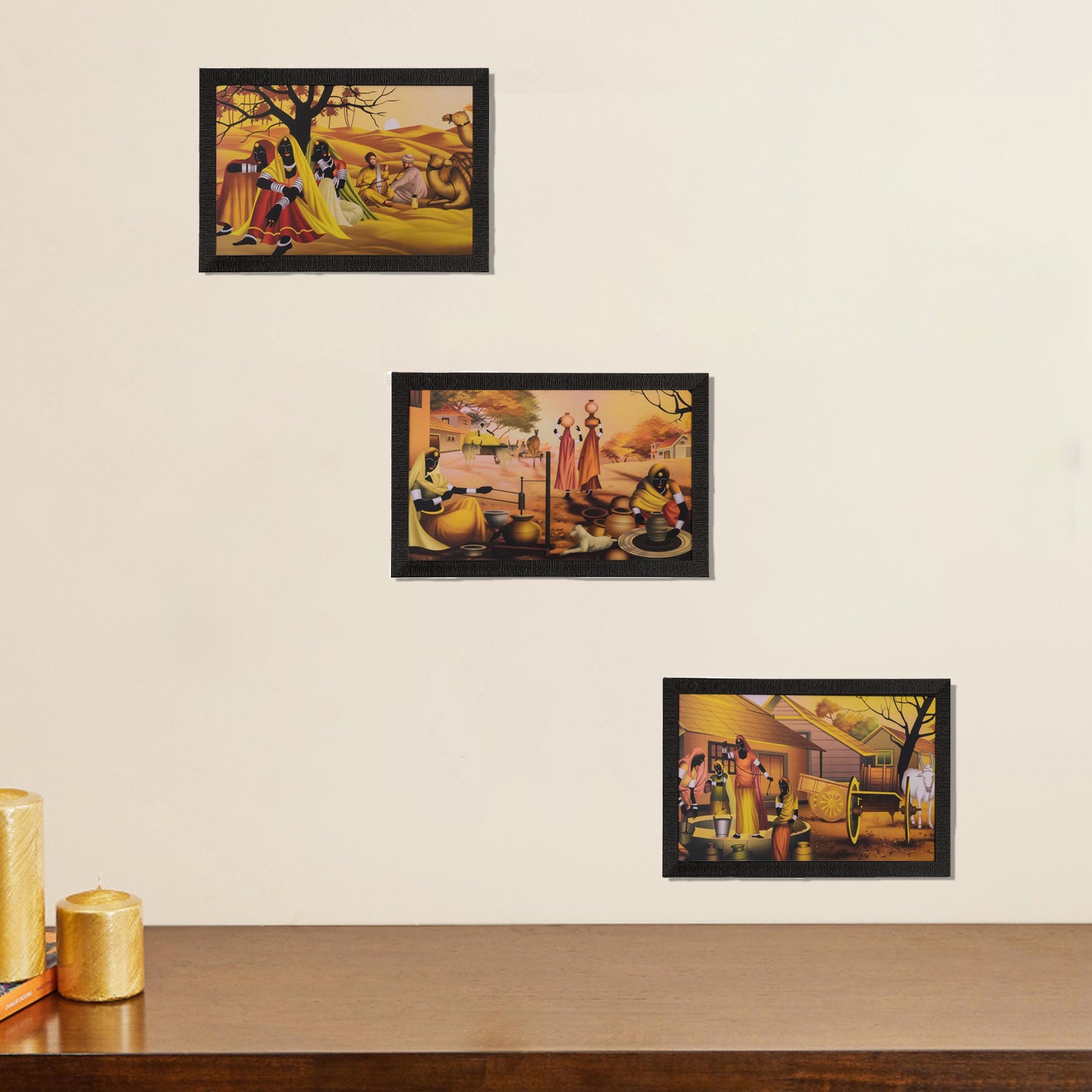 Set of 3 Village Scene Satin Matt Texture UV Art Painting 1