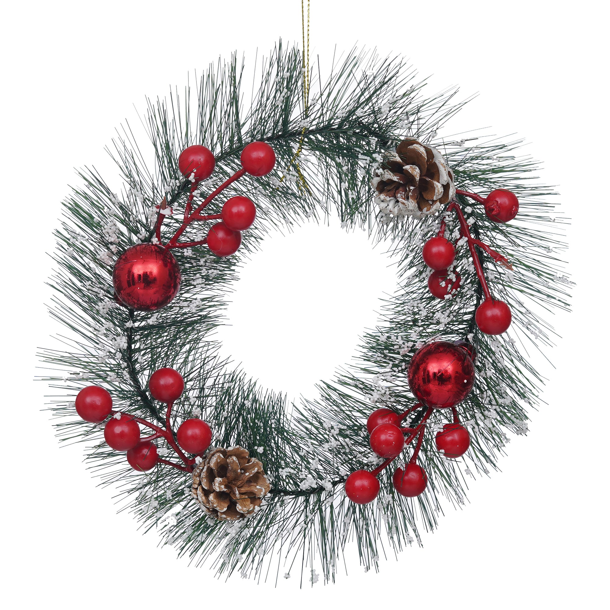 eCraftIndia Green Merry Christmas Wreath With Red Berries, Balls, Flowers - Christmas Front Door Ornament and Wall Decoration - Artificial Pine Garland for Xmas Party Decor 2