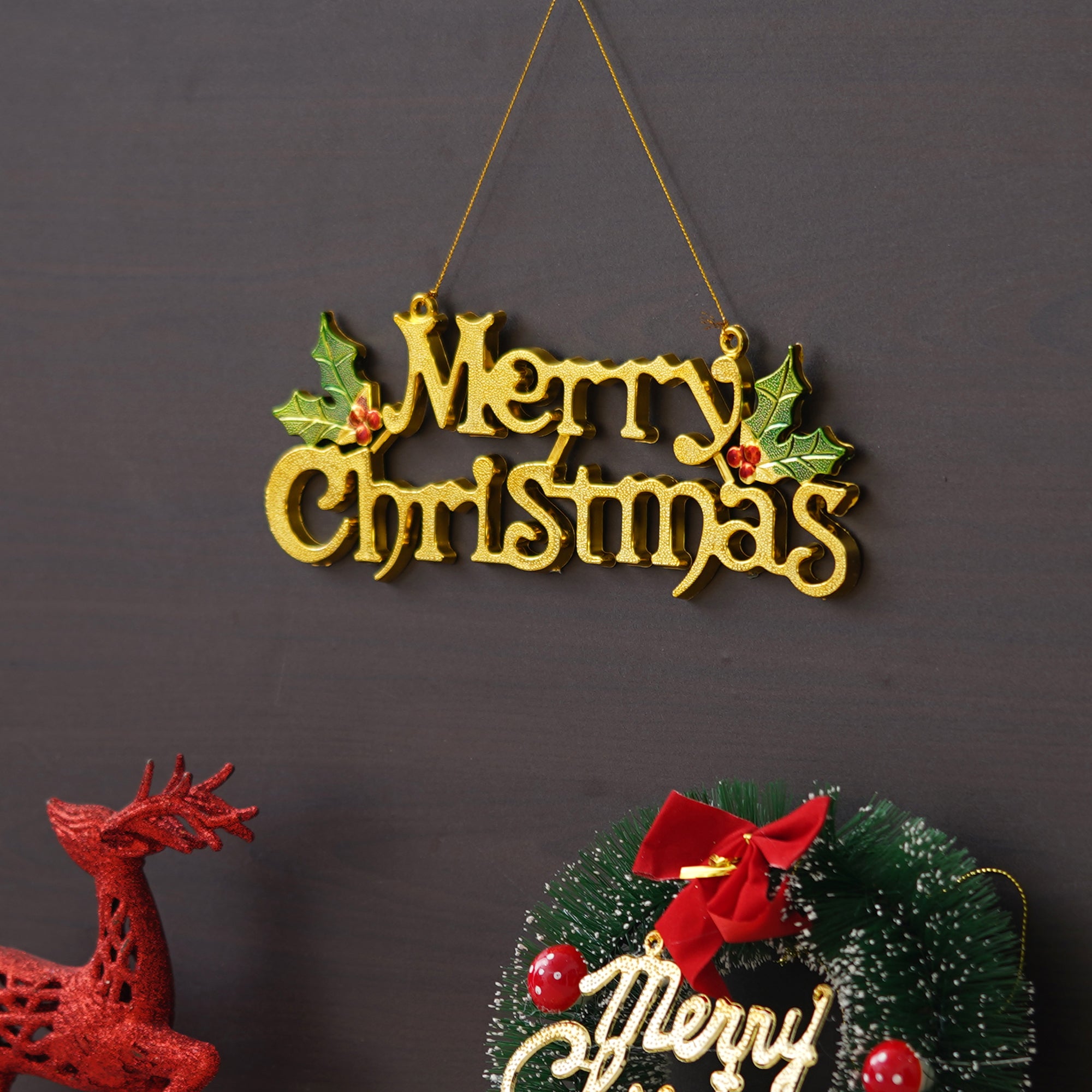 eCraftIndia Green & Gold Merry Christmas Wooden Cutout Wall Hanging Decoration Ornaments Christmas Banner for Home Decor 4