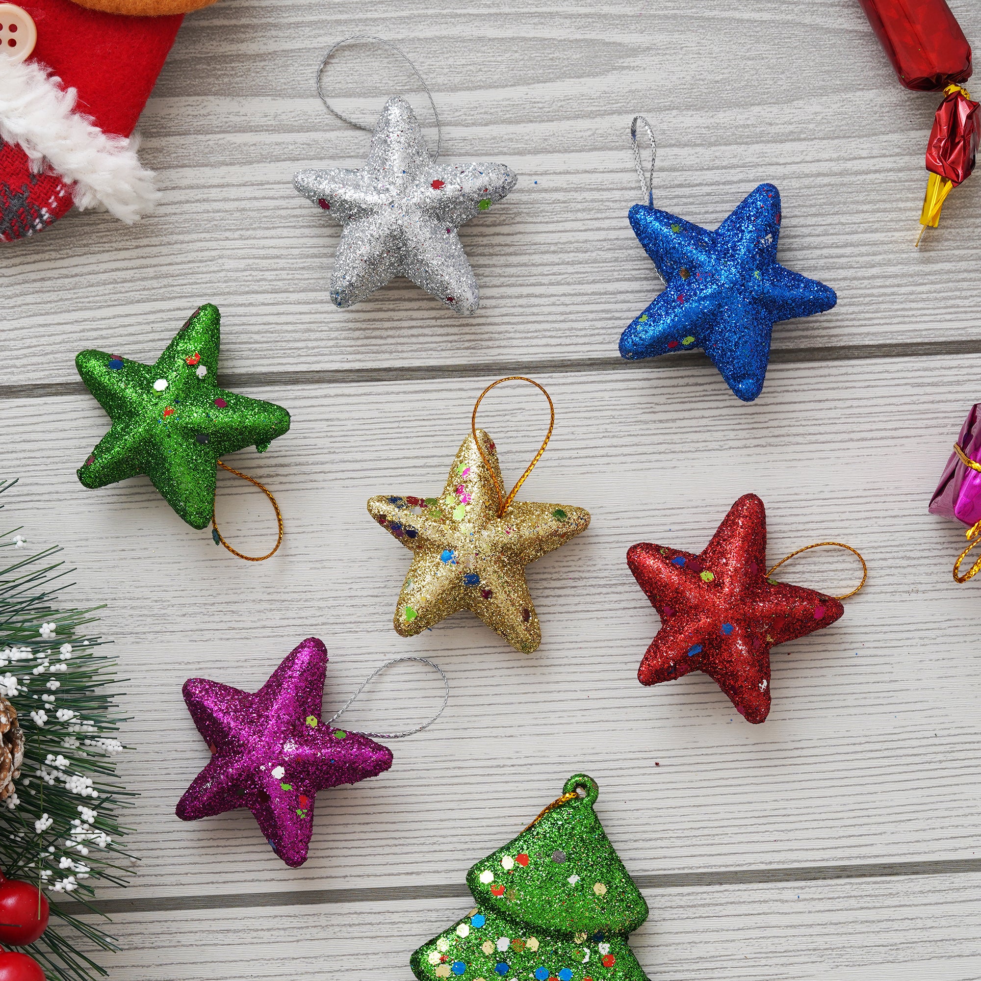 eCraftIndia Multicolor Glittering Xmas Stars for Decorating Christmas Tree and Hanging on Walls, Doors Set of 5 Pieces