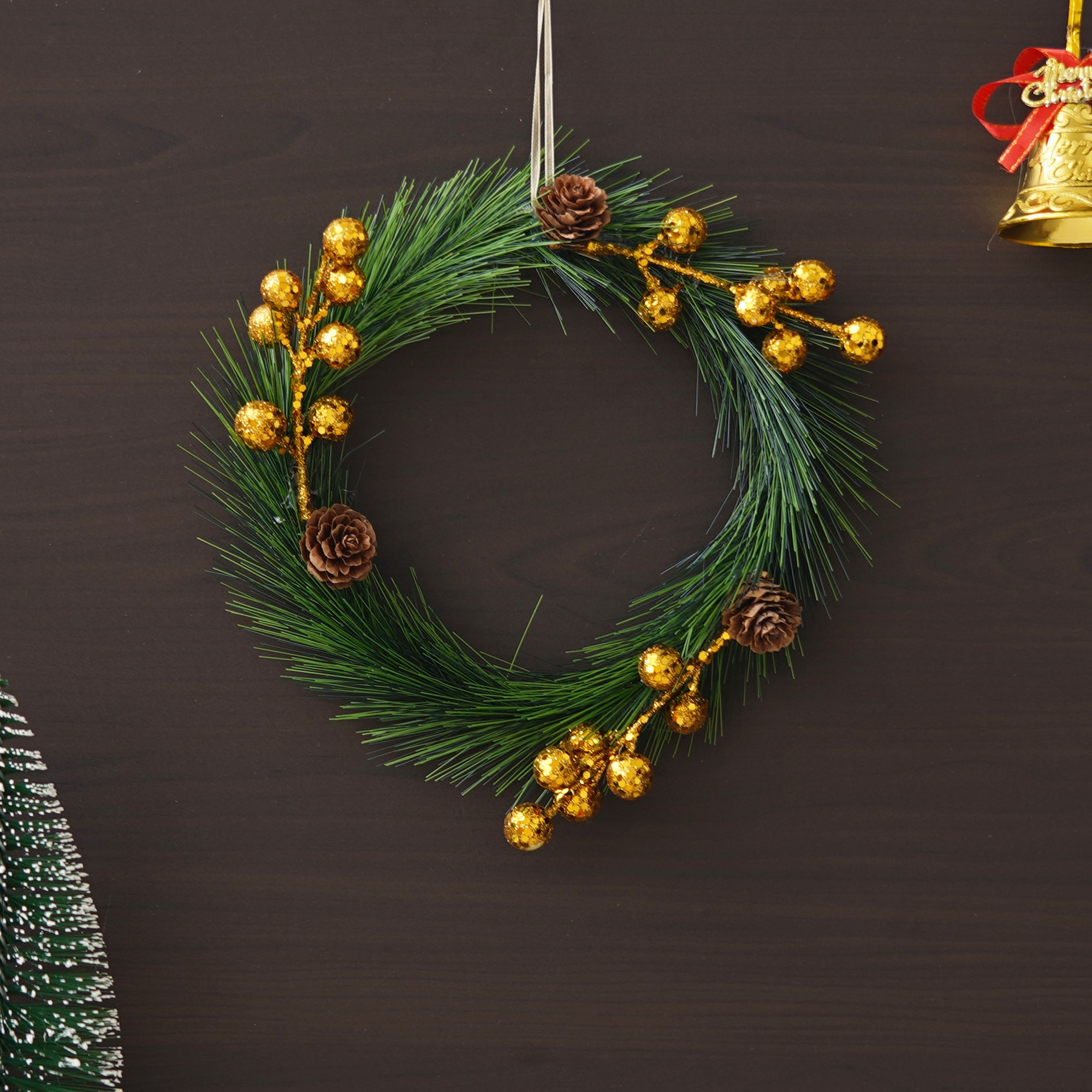 eCraftIndia Green Christmas Wreath with Gold Balls and Flowers Decorative Ornaments
