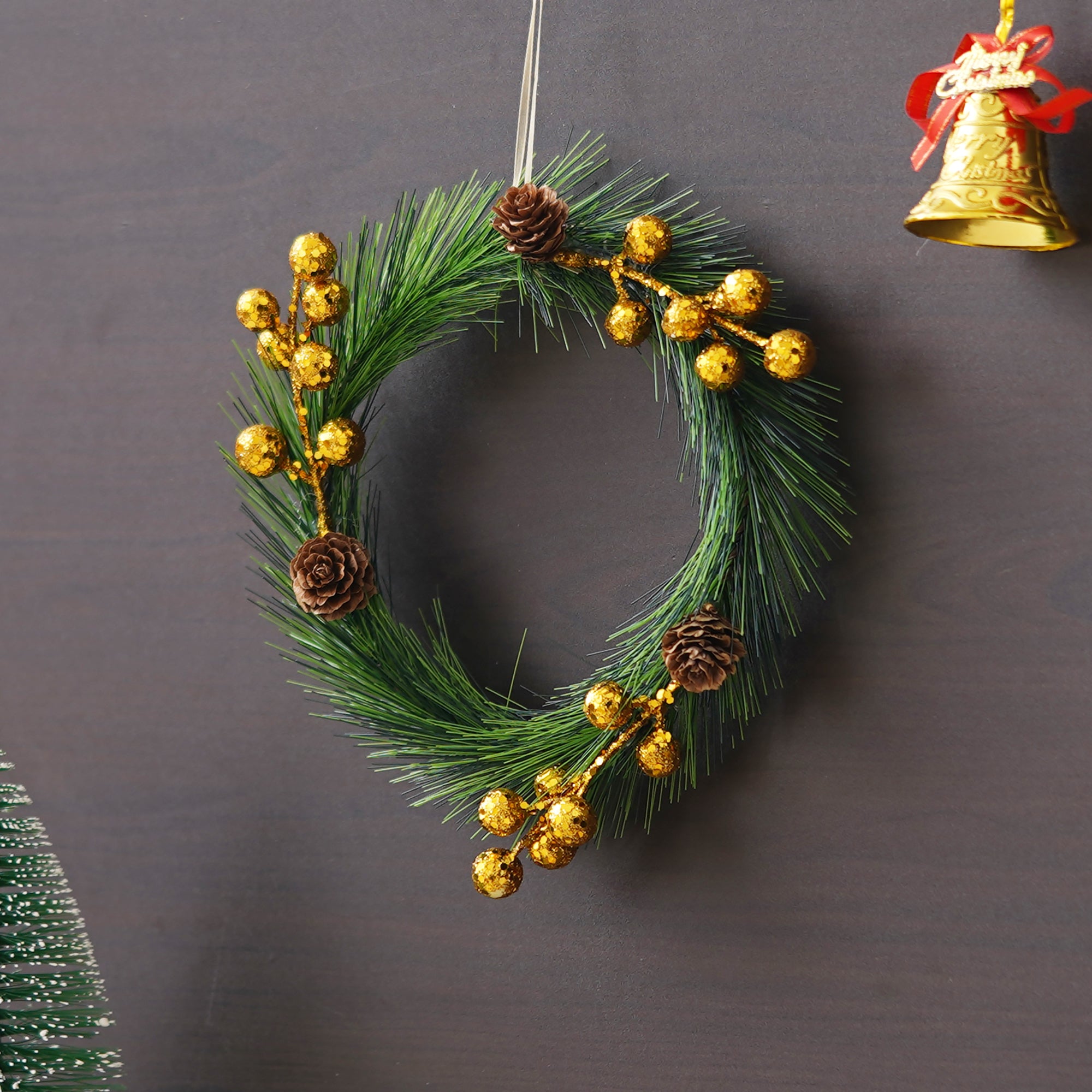 eCraftIndia Green Christmas Wreath with Gold Balls and Flowers Decorative Ornaments 5