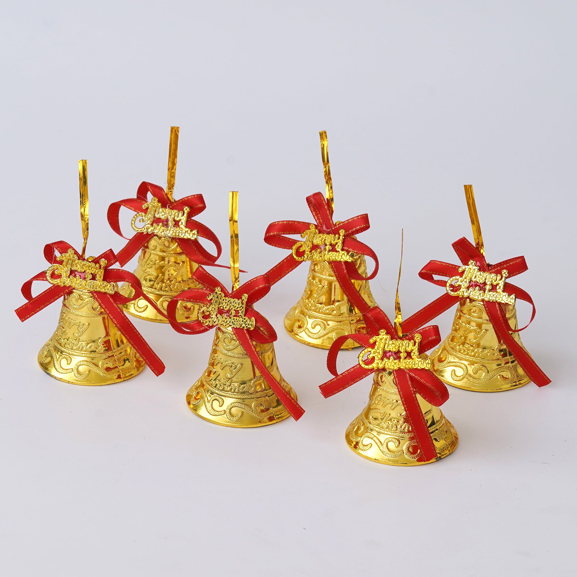 eCraftIndia Set of 6 Merry Christmas Golden Bells with Red Ribbon Christmas Tree Decoration  Christmas Decorations Items for Home Living Room 2
