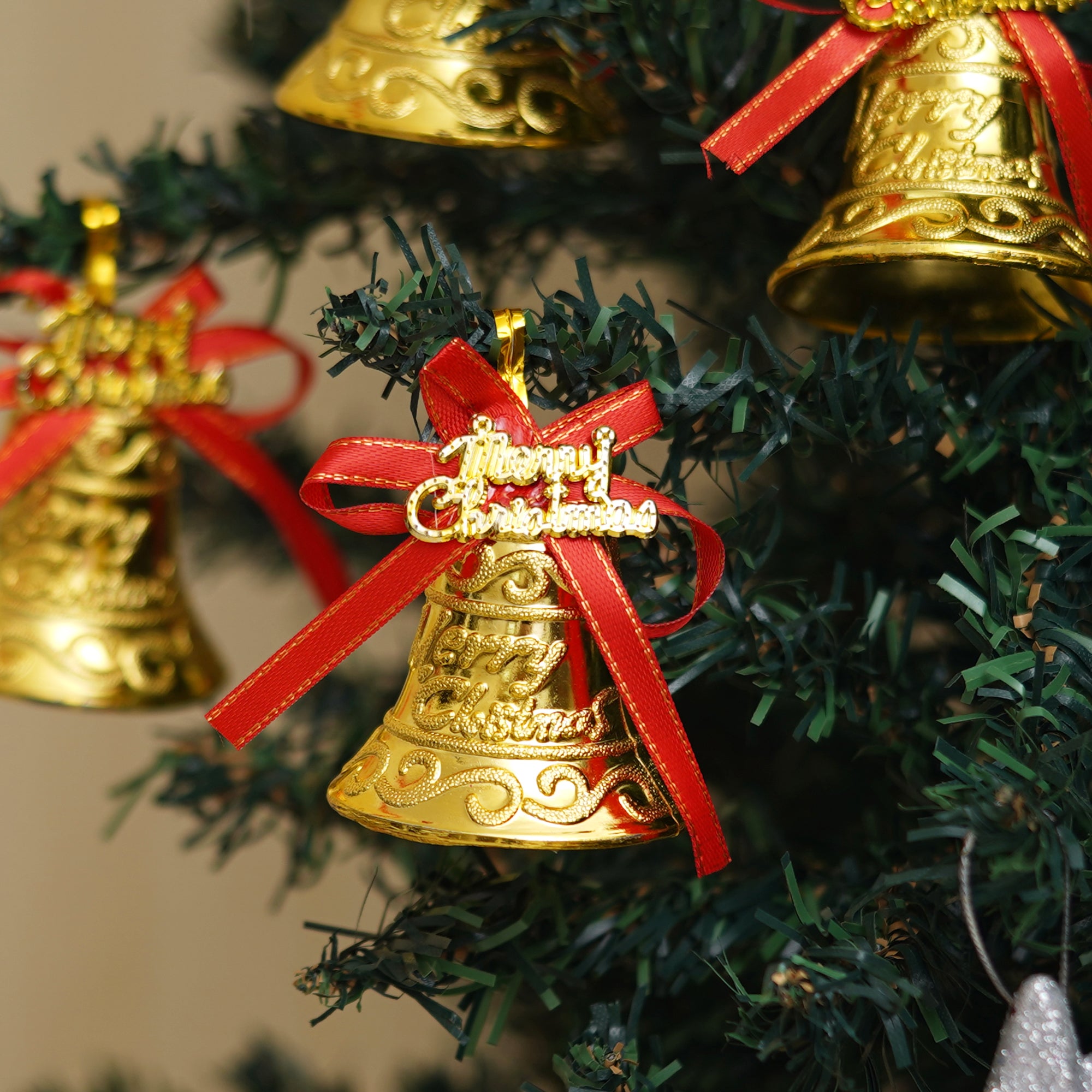 eCraftIndia Set of 6 Merry Christmas Golden Bells with Red Ribbon Christmas Tree Decoration  Christmas Decorations Items for Home Living Room 5