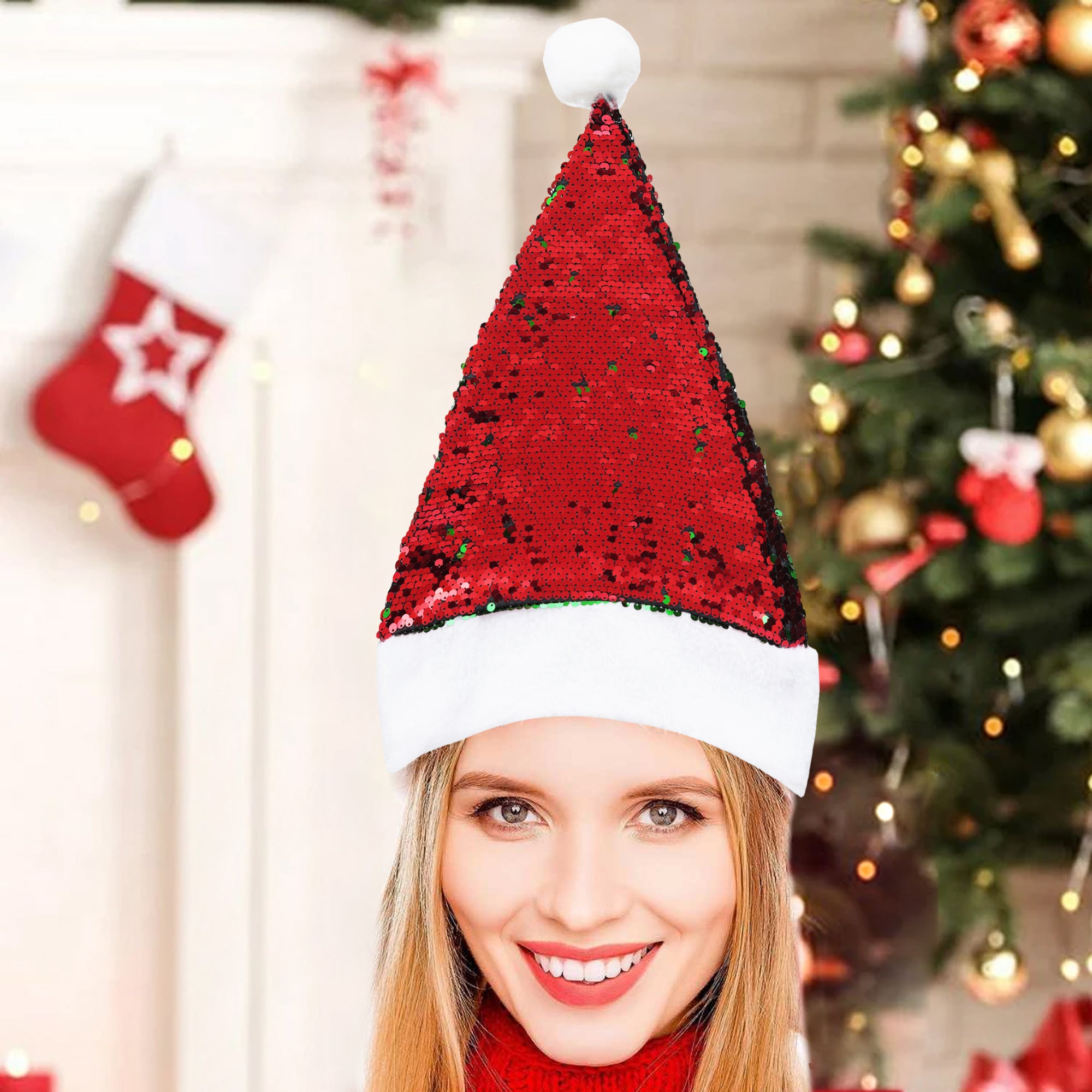 eCraftIndia Red and Green Flip Sequin Fancy Christmas Santa Hat  Santa Claus Cap for Christmas Party 5