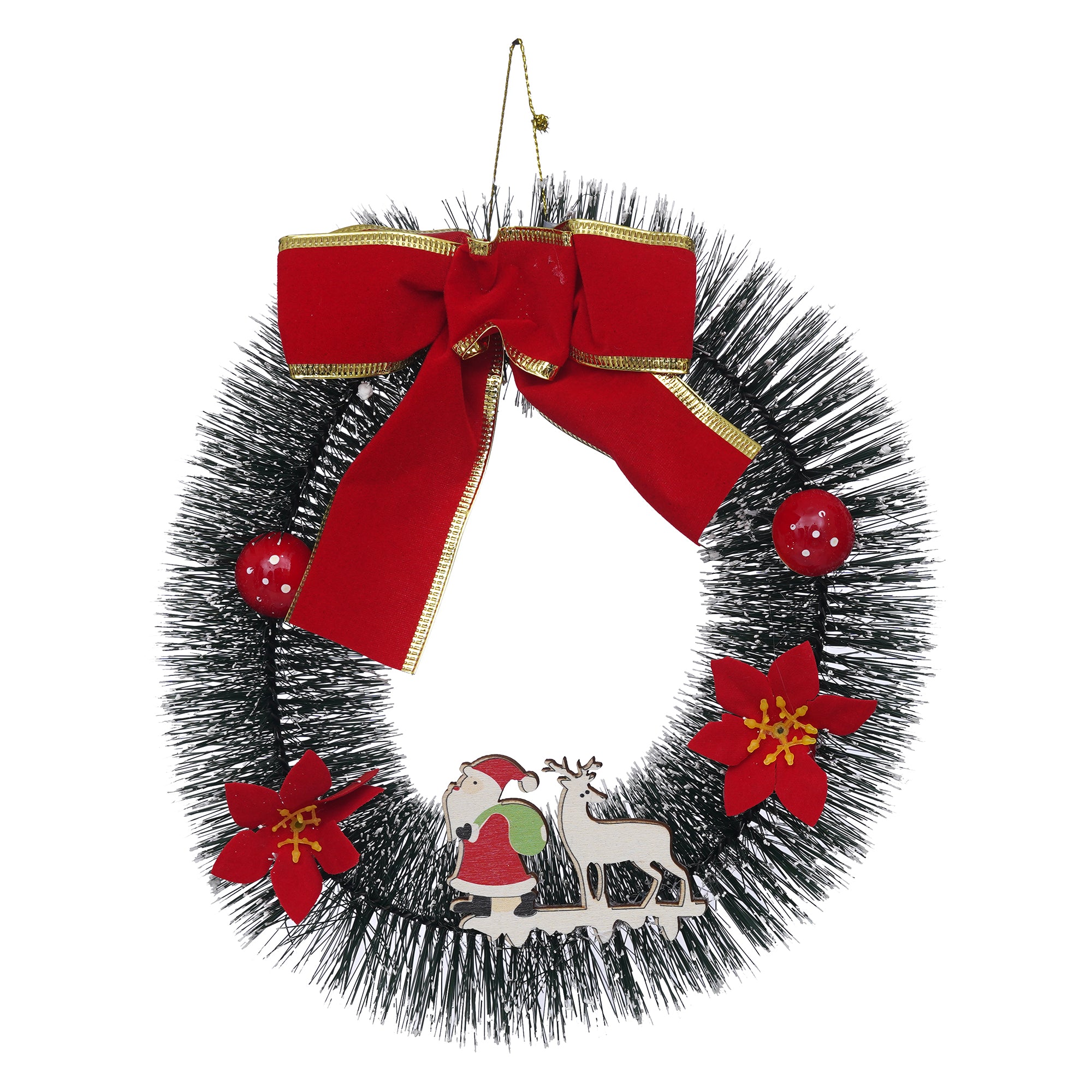 eCraftIndia Christmas Wreath with Santa Claus, Reindeer, Flower, Ball, Ribbon  Christmas Front Door Ornament and Wall Decoration  Artificial Pine Garland For Xmas Party Decor 2