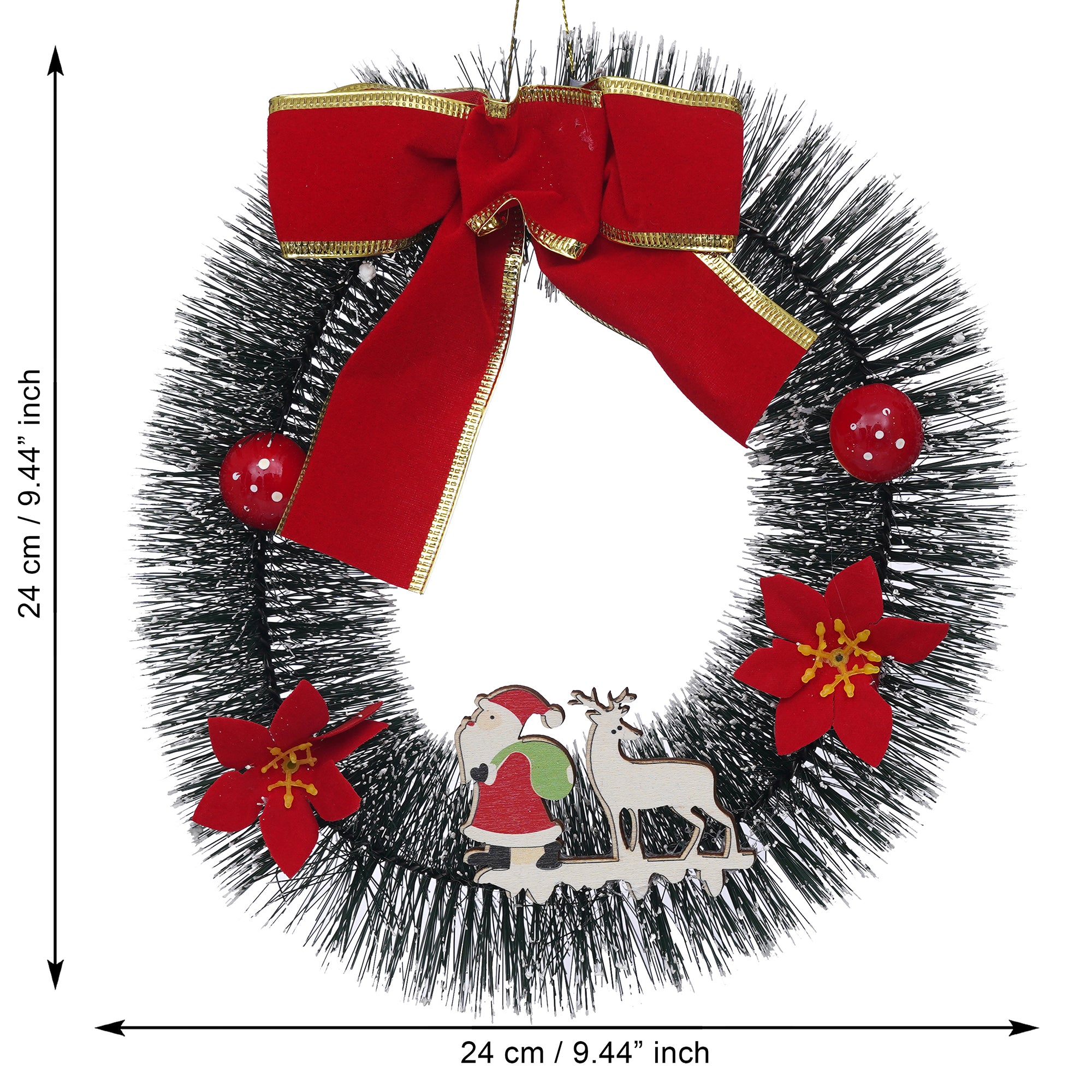 eCraftIndia Christmas Wreath with Santa Claus, Reindeer, Flower, Ball, Ribbon  Christmas Front Door Ornament and Wall Decoration  Artificial Pine Garland For Xmas Party Decor 3