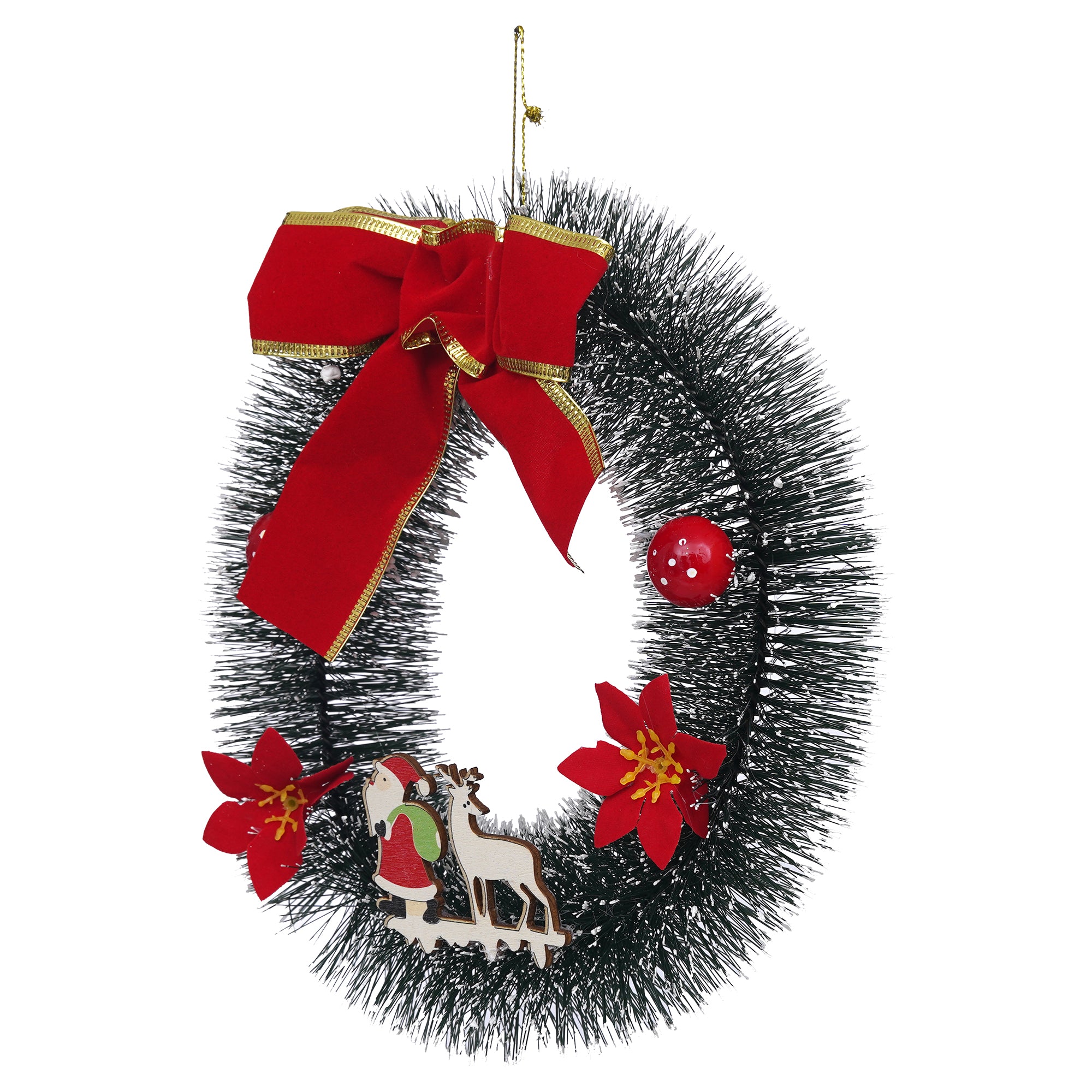 eCraftIndia Christmas Wreath with Santa Claus, Reindeer, Flower, Ball, Ribbon  Christmas Front Door Ornament and Wall Decoration  Artificial Pine Garland For Xmas Party Decor 6