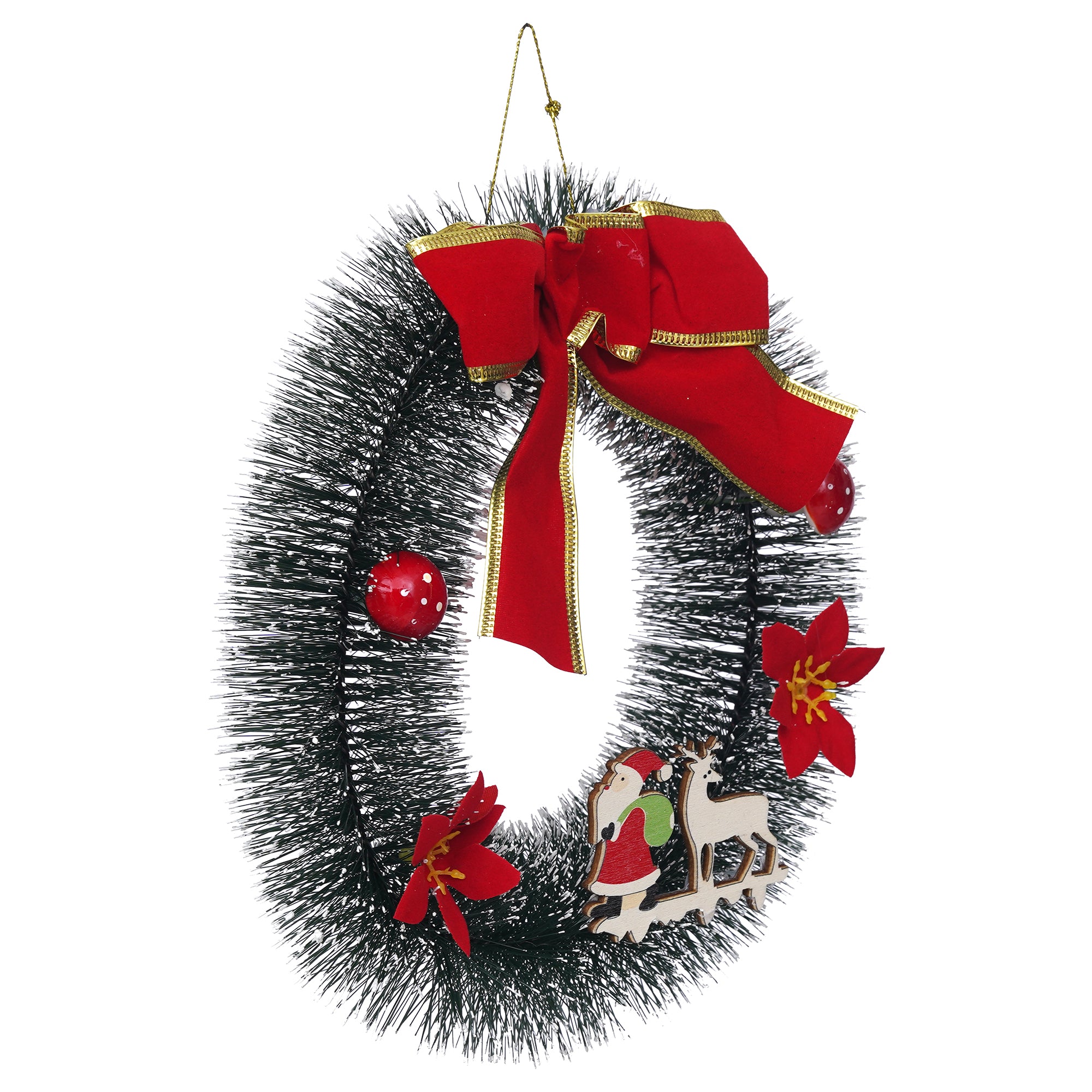 eCraftIndia Christmas Wreath with Santa Claus, Reindeer, Flower, Ball, Ribbon  Christmas Front Door Ornament and Wall Decoration  Artificial Pine Garland For Xmas Party Decor 7