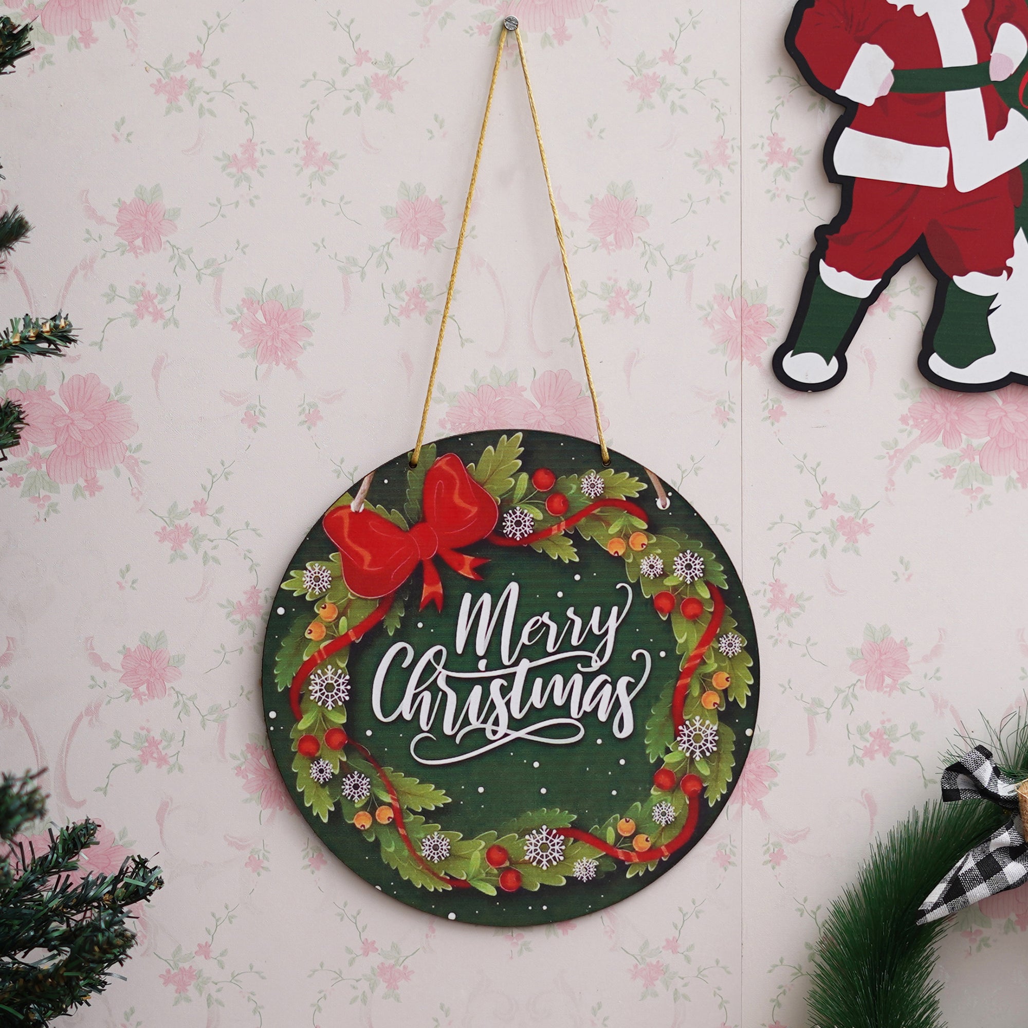 eCraftIndia Christmas Wreath Decorations Merry Christmas Printed Wooden Door Wall Hanging