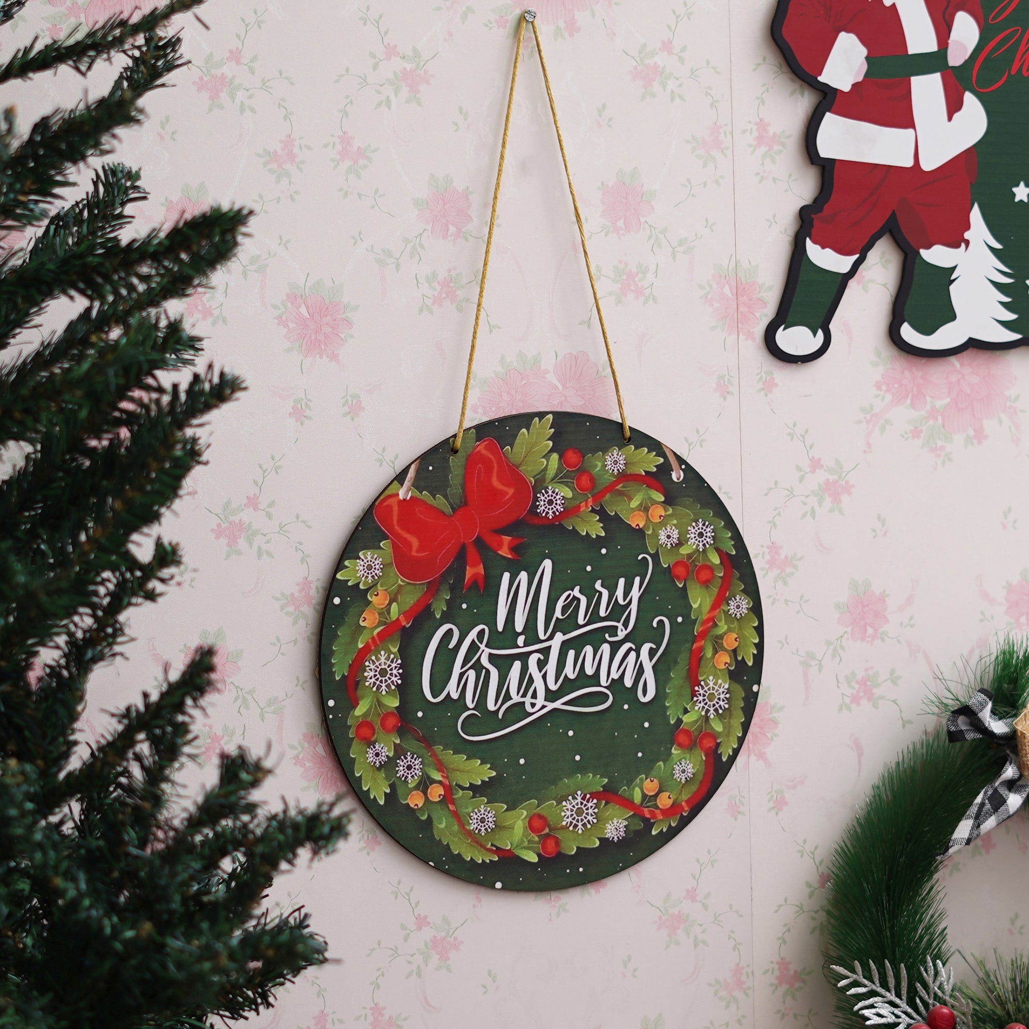 eCraftIndia Christmas Wreath Decorations Merry Christmas Printed Wooden Door Wall Hanging 4