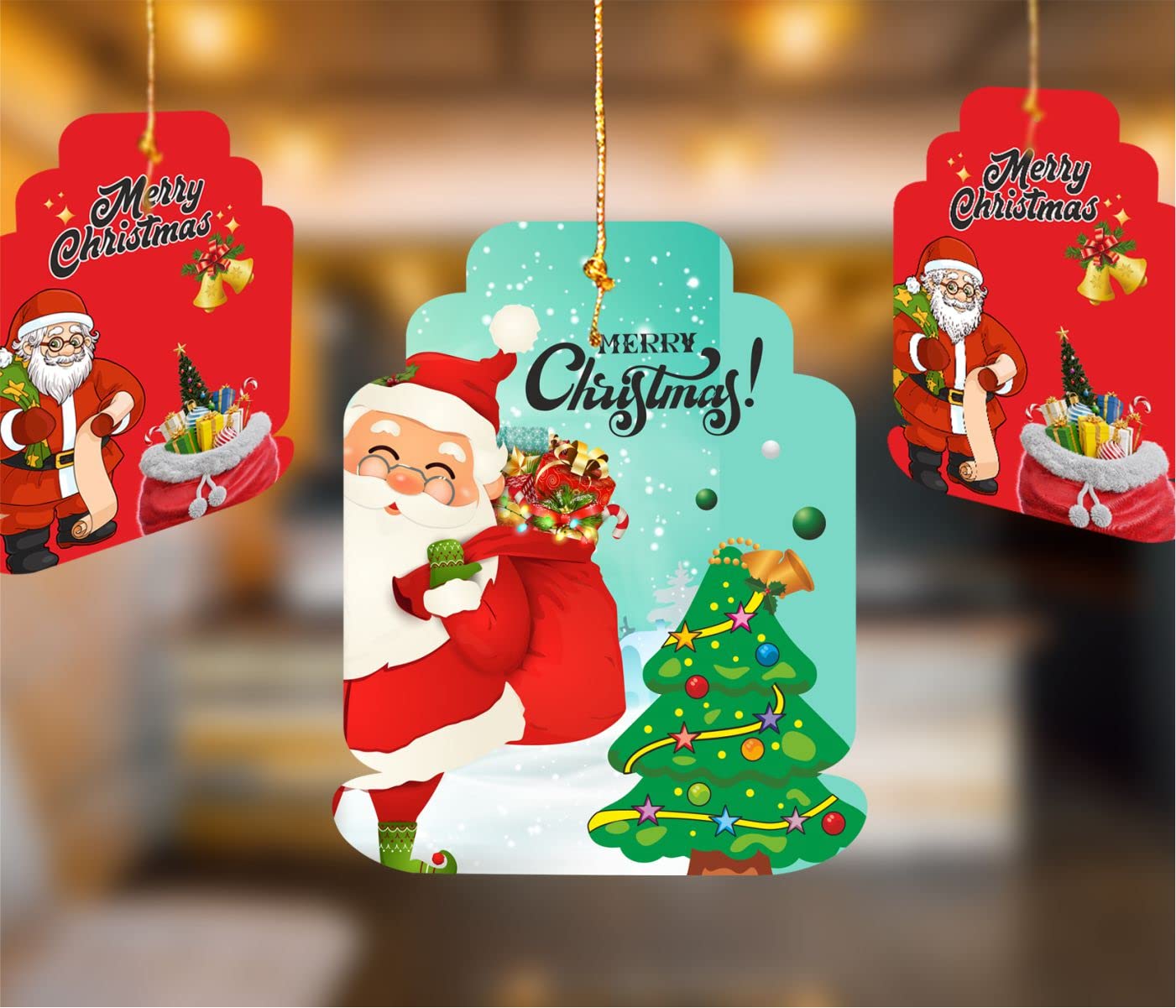 eCraftIndia Santa Claus With Gift Bag Christmas Tree Printed Merry Christmas Paper Card Hanging Decoration (Set of 10 Pcs)
