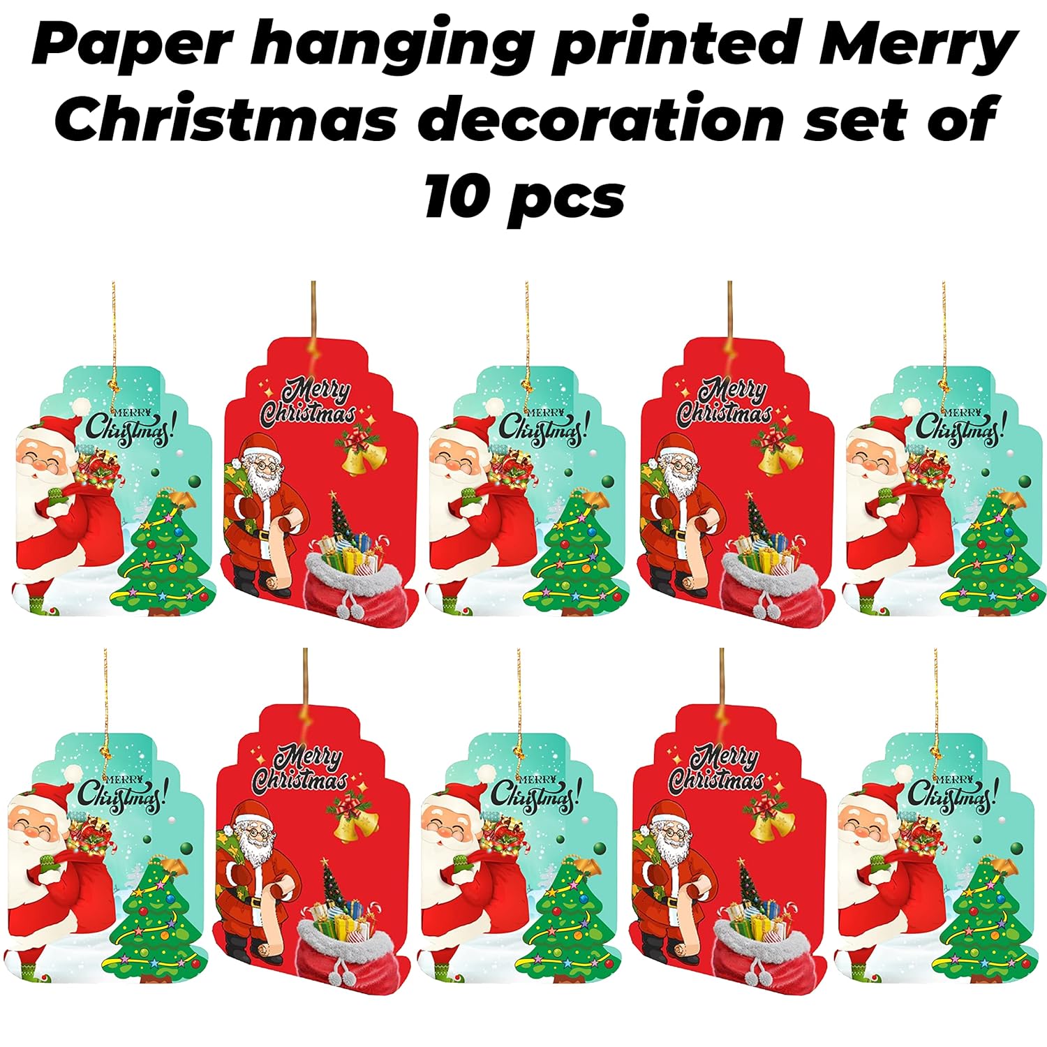 eCraftIndia Santa Claus With Gift Bag Christmas Tree Printed Merry Christmas Paper Card Hanging Decoration (Set of 10 Pcs) 2