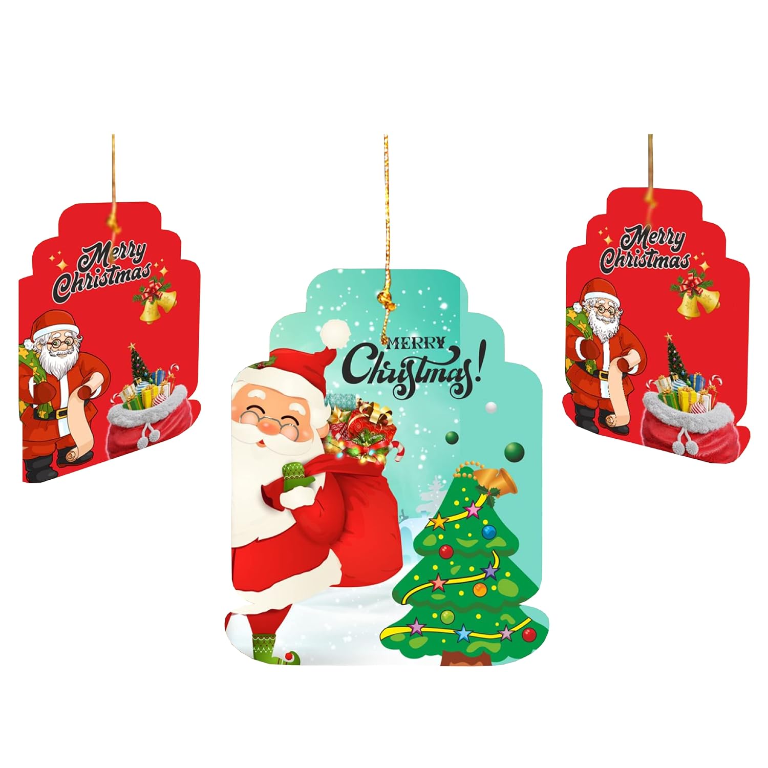 eCraftIndia Santa Claus With Gift Bag Christmas Tree Printed Merry Christmas Paper Card Hanging Decoration (Set of 10 Pcs) 3