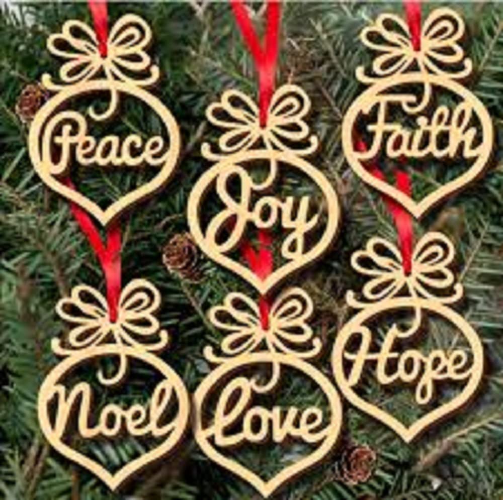 eCraftIndia Christmas Tree Decoration Ornament Wooden Cutout with Name Faith Joy Hope Love Peace Noel for Christmas Decoration Hanger (Set of 6 Pcs)