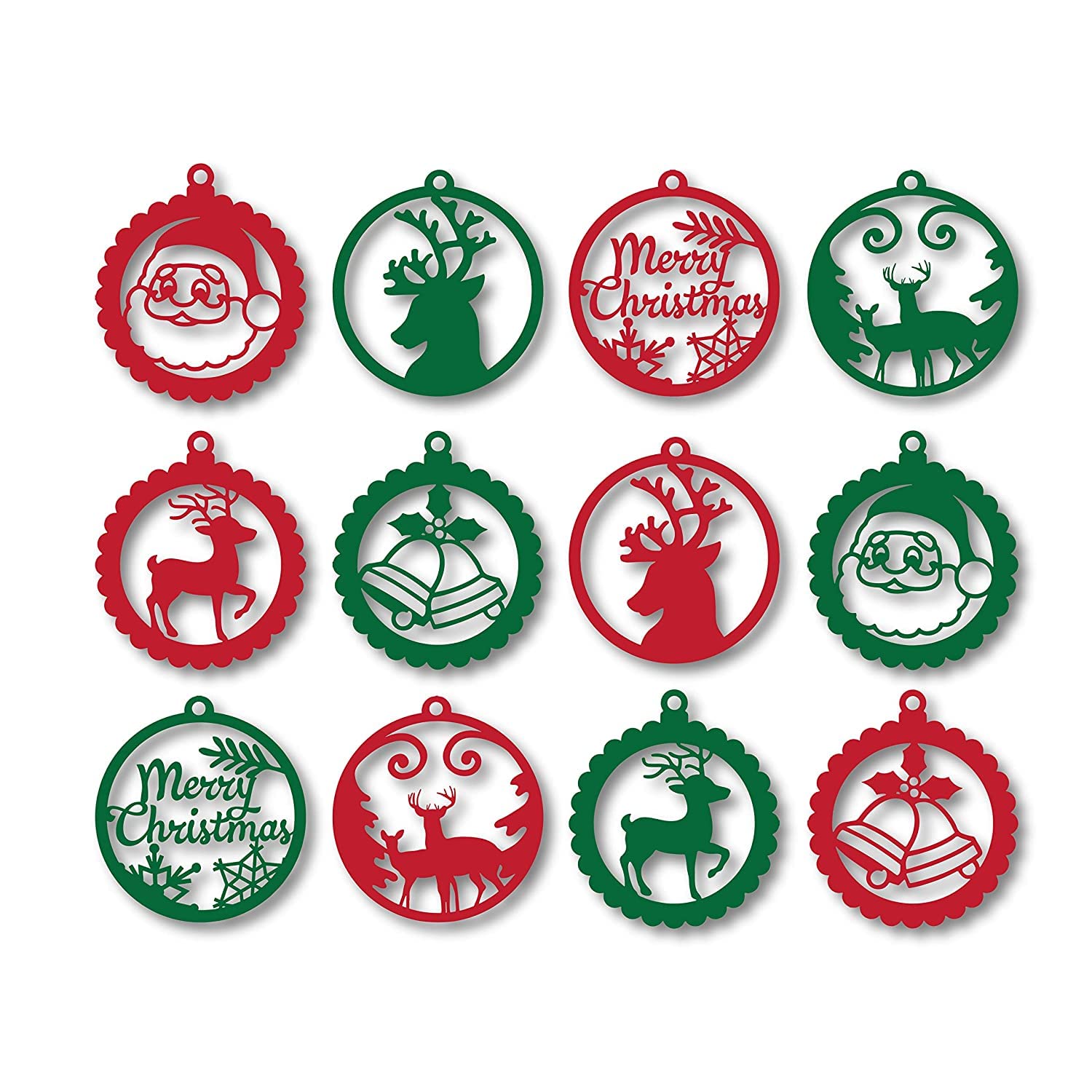 eCraftIndia Red & Green Santa Claus, Reindeer, Merry Christmas, Bells, Snowflake, Christmas Tree MDF Wooden Cutout Christmas Tree Decoration Hanging Items (Set of 12)