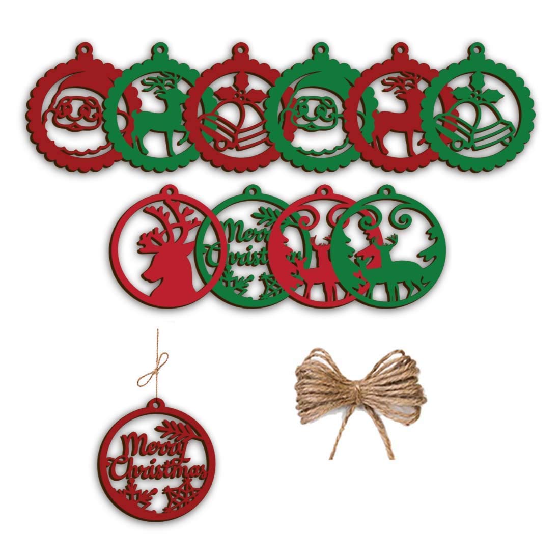 eCraftIndia Red & Green Santa Claus, Reindeer, Merry Christmas, Bells, Snowflake, Christmas Tree MDF Wooden Cutout Christmas Tree Decoration Hanging Items (Set of 12) 2