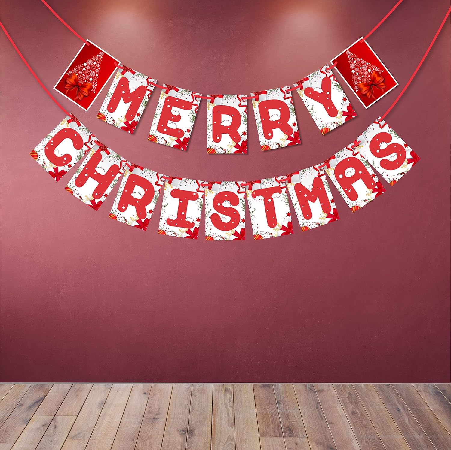 eCraftIndia Red & White Merry Christmas, Snow, Christmas Tree, Decorative Xmas Bunting Banner