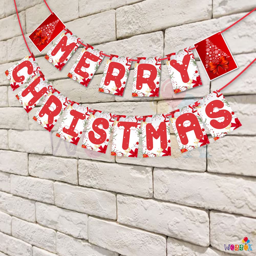 eCraftIndia Red & White Merry Christmas, Snow, Christmas Tree, Decorative Xmas Bunting Banner 3
