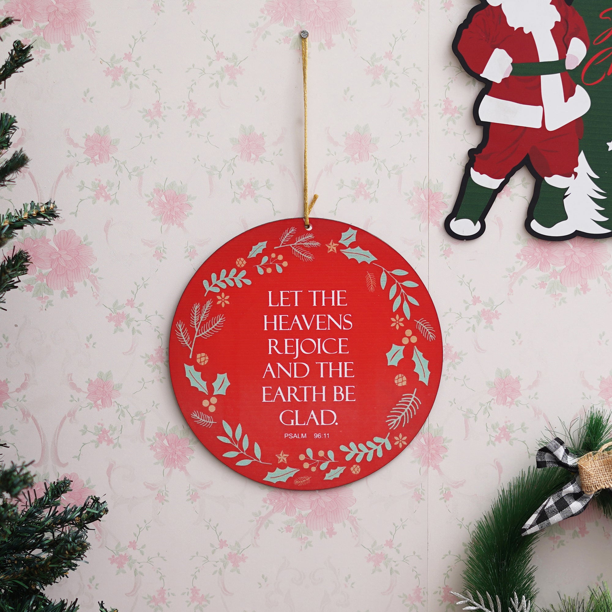 eCraftIndia "LET THE HEAVENS REJOICE AND THE EARTH BE GLAD. PSALM 96:11" Printed Merry Christmas Wooden Door Wall Hanging Ornaments for Home Decoration (Red, Green, White)