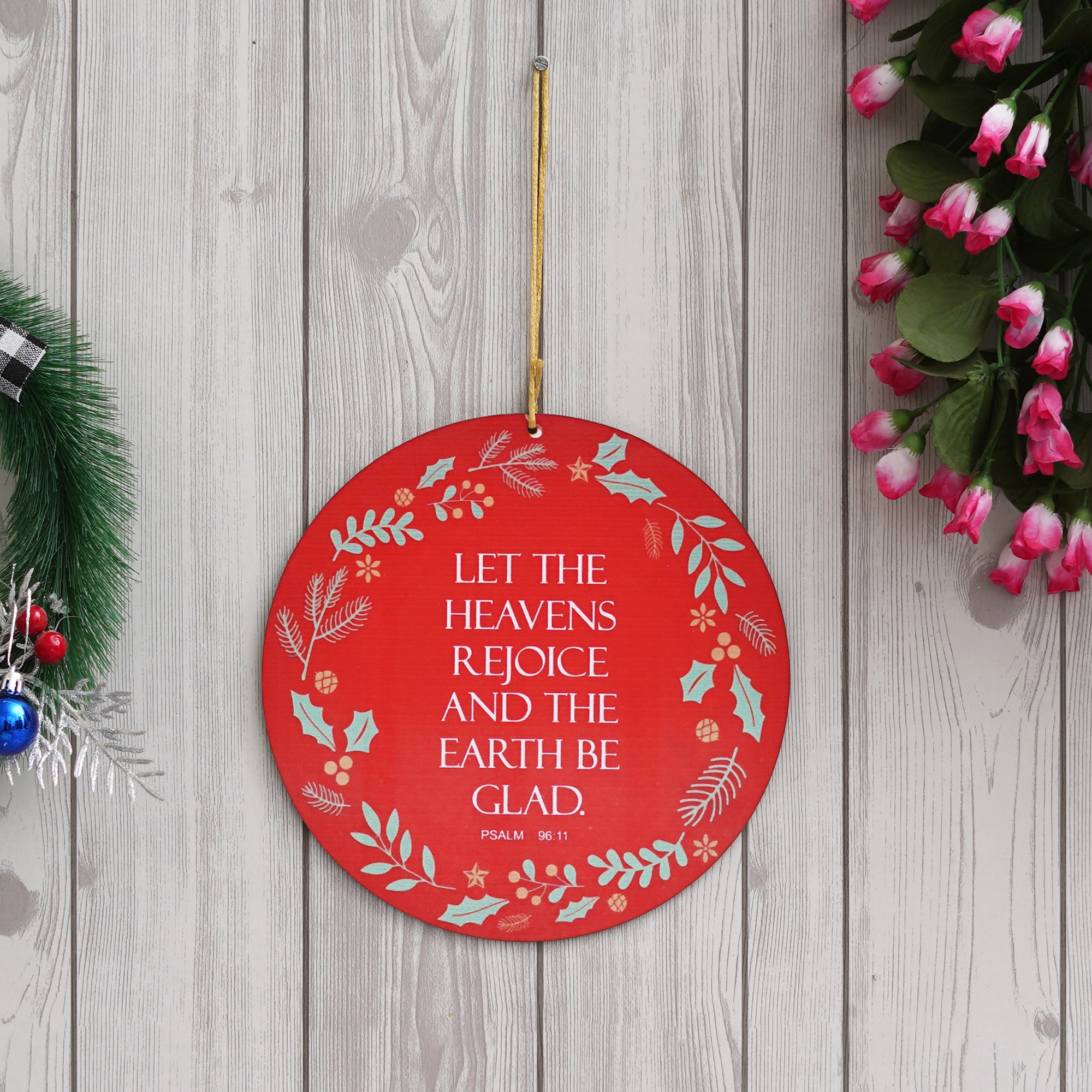 eCraftIndia "LET THE HEAVENS REJOICE AND THE EARTH BE GLAD. PSALM 96:11" Printed Merry Christmas Wooden Door Wall Hanging Ornaments for Home Decoration (Red, Green, White) 1