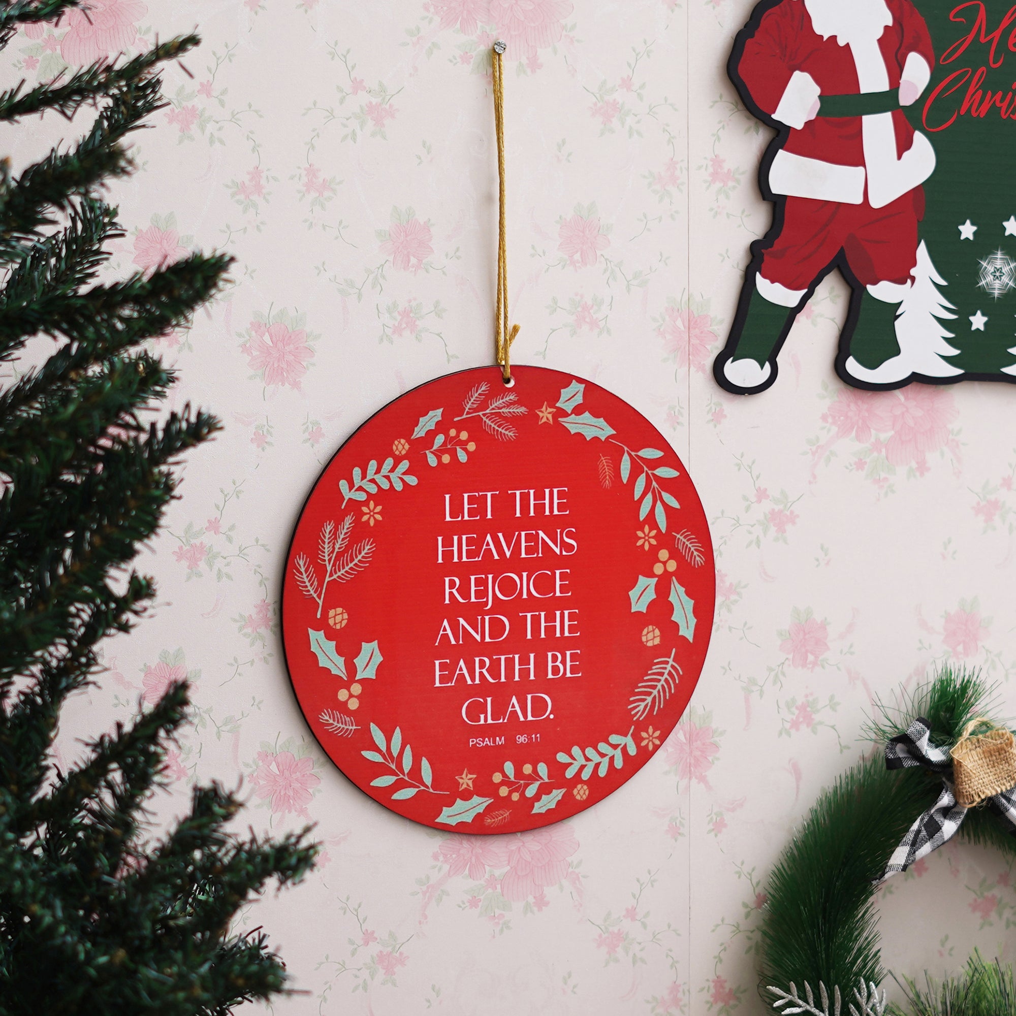 eCraftIndia "LET THE HEAVENS REJOICE AND THE EARTH BE GLAD. PSALM 96:11" Printed Merry Christmas Wooden Door Wall Hanging Ornaments for Home Decoration (Red, Green, White) 4