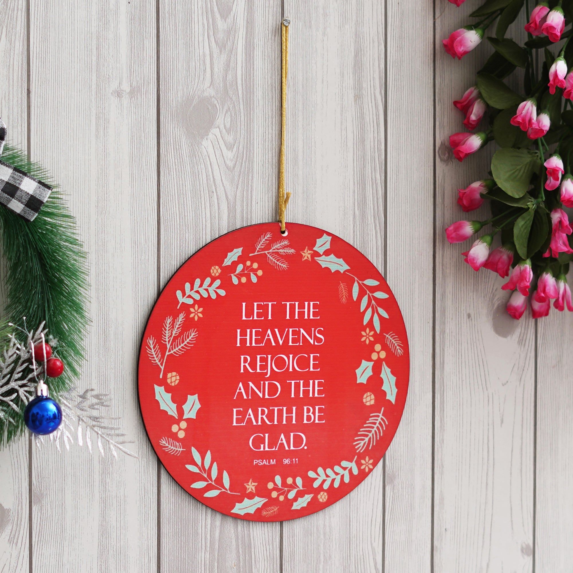 eCraftIndia "LET THE HEAVENS REJOICE AND THE EARTH BE GLAD. PSALM 96:11" Printed Merry Christmas Wooden Door Wall Hanging Ornaments for Home Decoration (Red, Green, White) 5