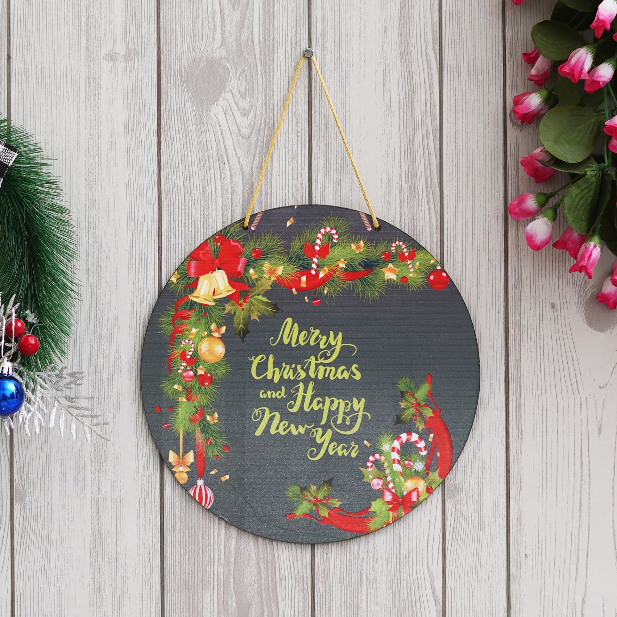 eCraftIndia "Merry Christmas and Happy New Year" Printed Wall/Door Hanging for Home and Christmas Decorations (Green, Red, Golden) 1