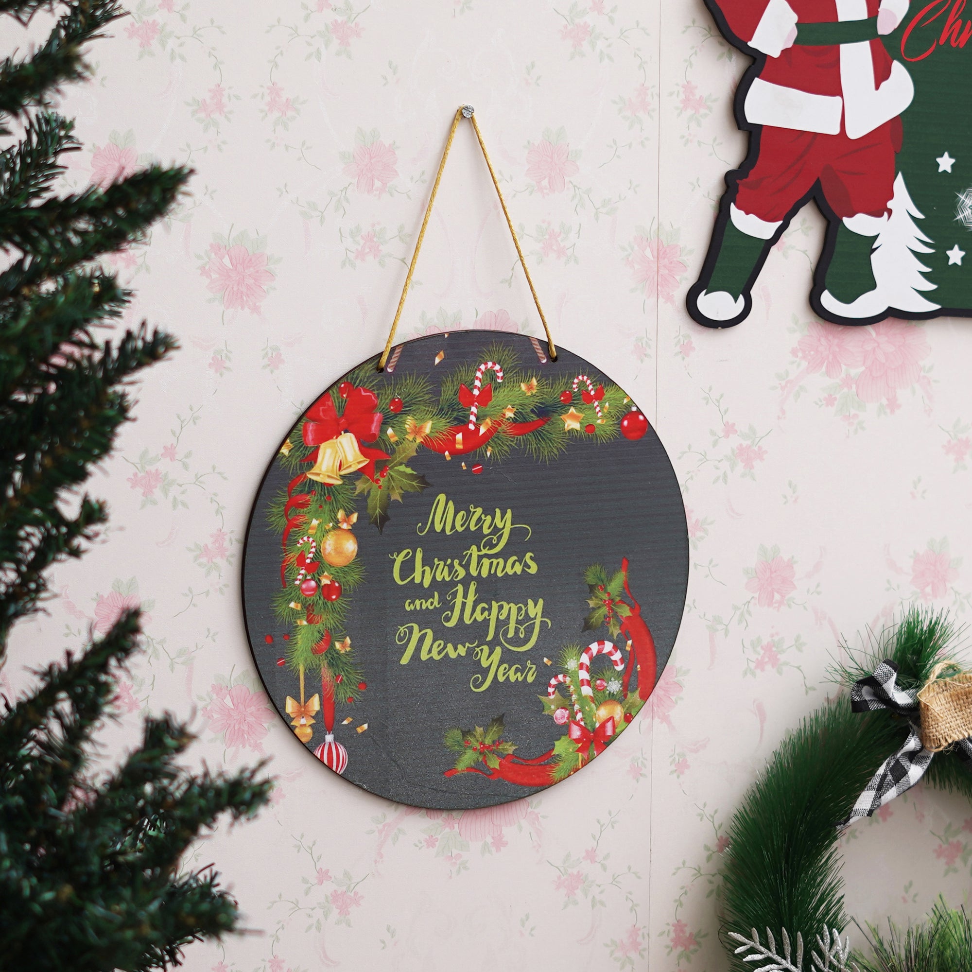 eCraftIndia "Merry Christmas and Happy New Year" Printed Wall/Door Hanging for Home and Christmas Decorations (Green, Red, Golden) 4