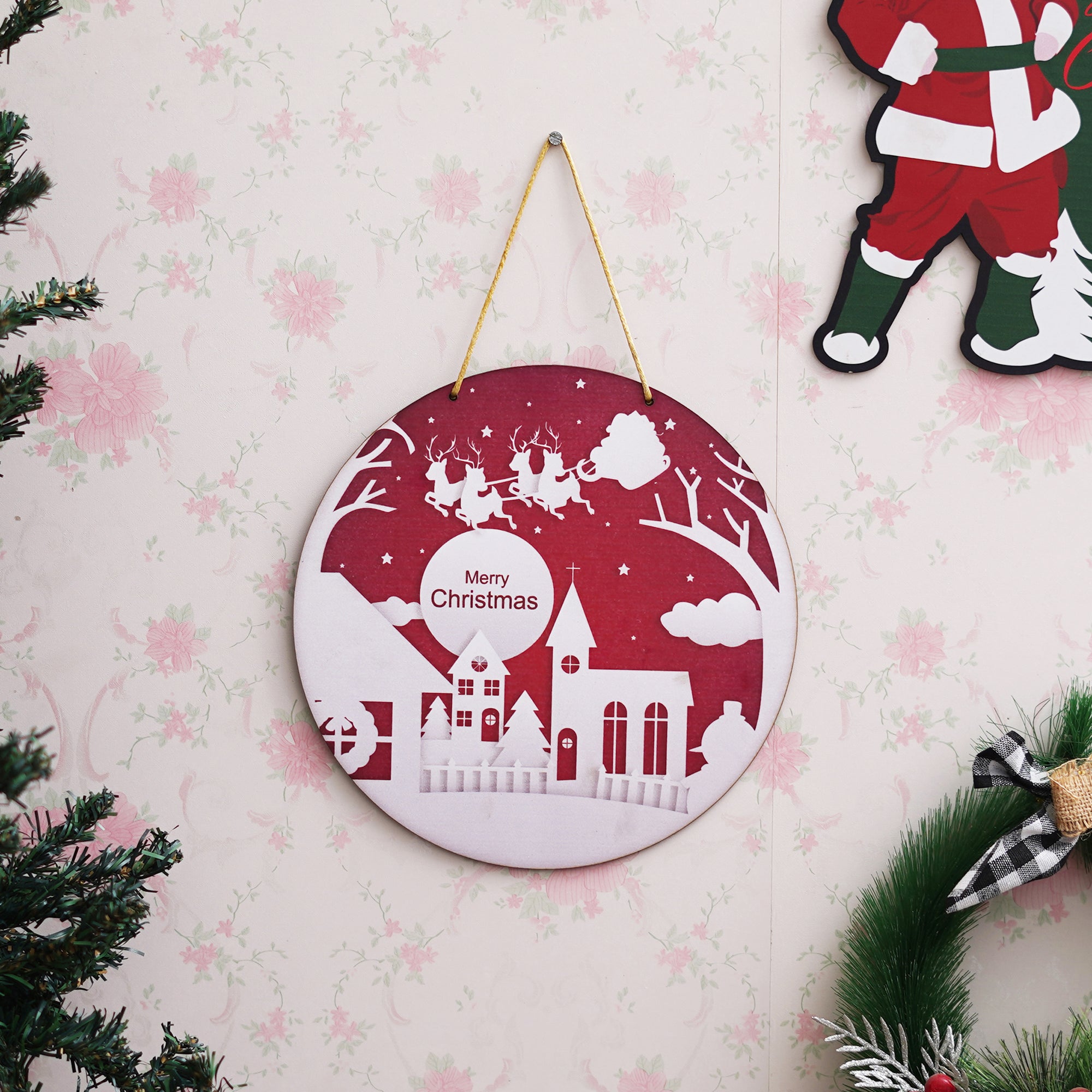 eCraftIndia Merry Christmas and Santa Claus with sleigh and reindeer Printed Door Wall Hanging for Home and Christmas Decoration (Red, White)