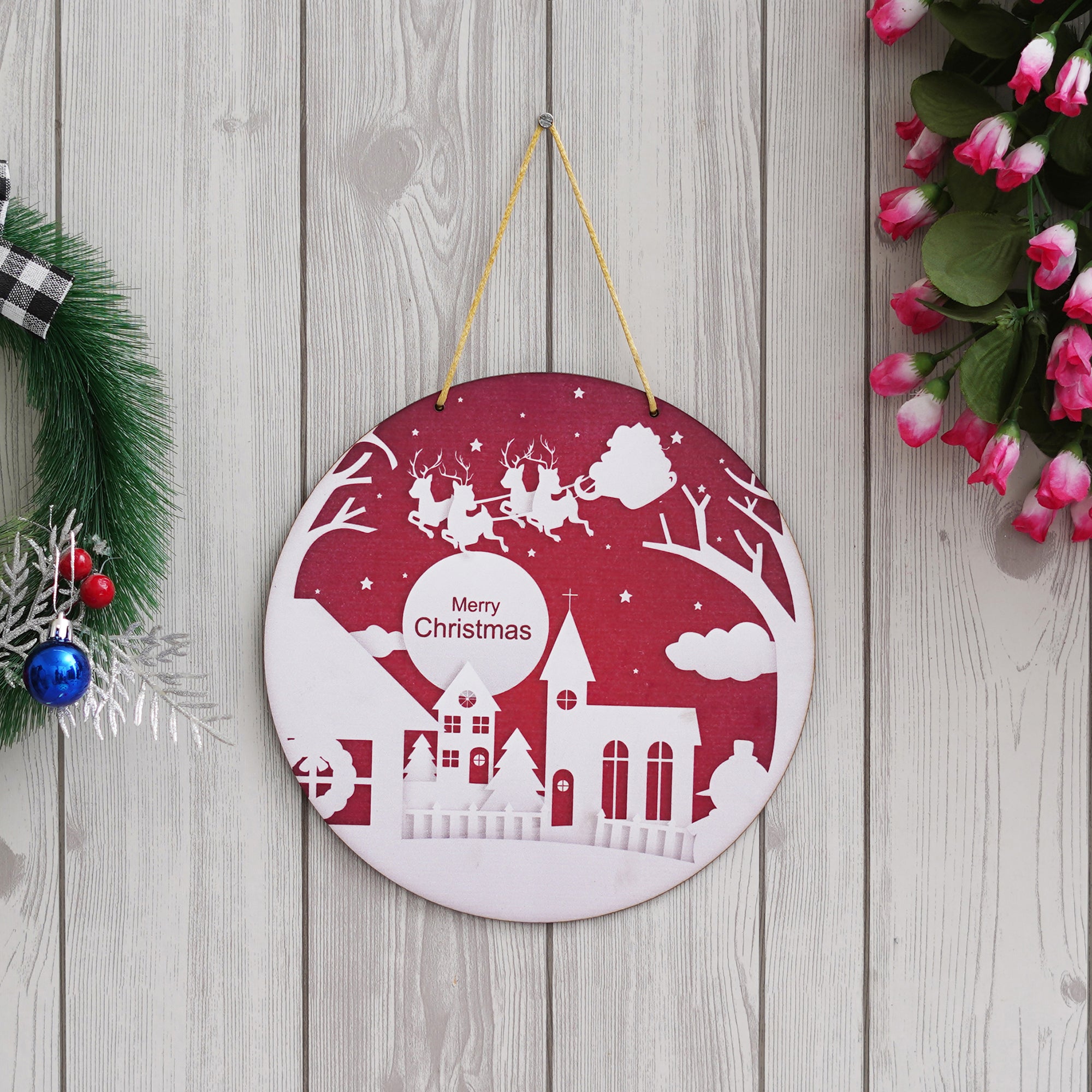 eCraftIndia Merry Christmas and Santa Claus with sleigh and reindeer Printed Door Wall Hanging for Home and Christmas Decoration (Red, White) 1