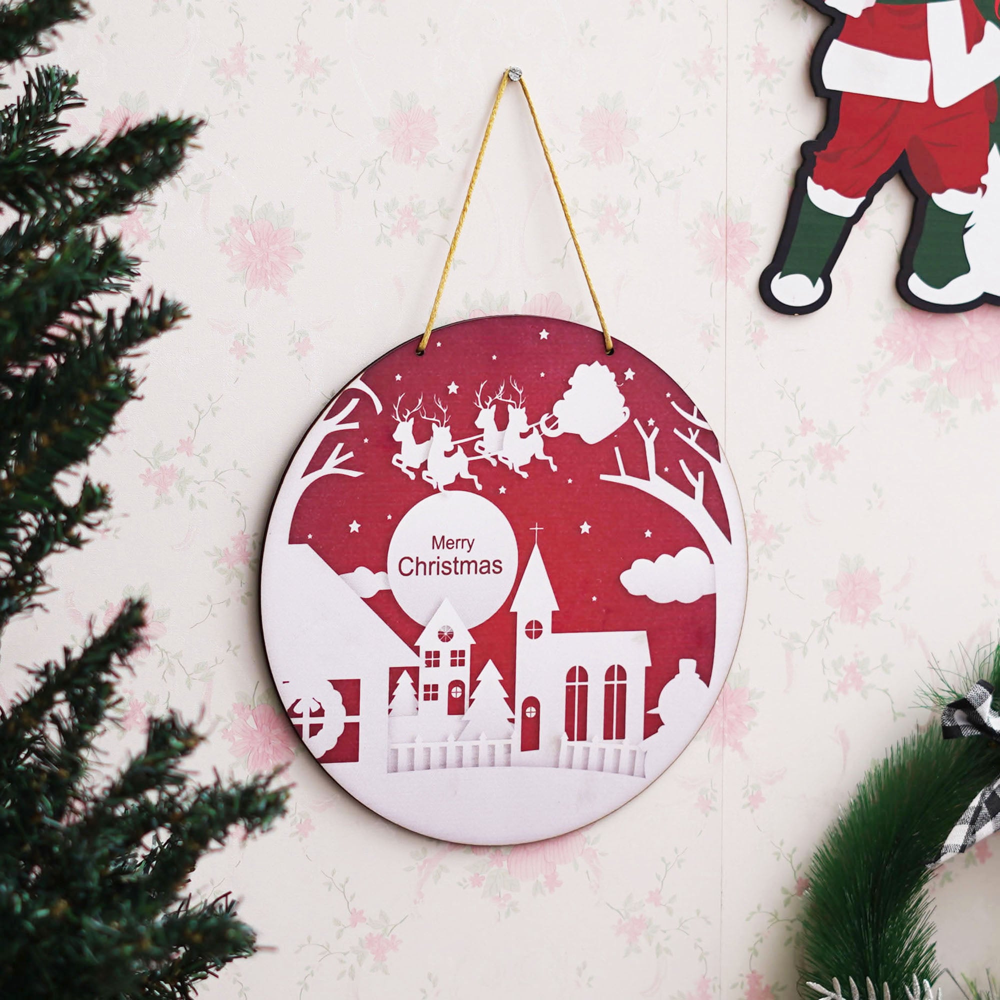 eCraftIndia Merry Christmas and Santa Claus with sleigh and reindeer Printed Door Wall Hanging for Home and Christmas Decoration (Red, White) 4