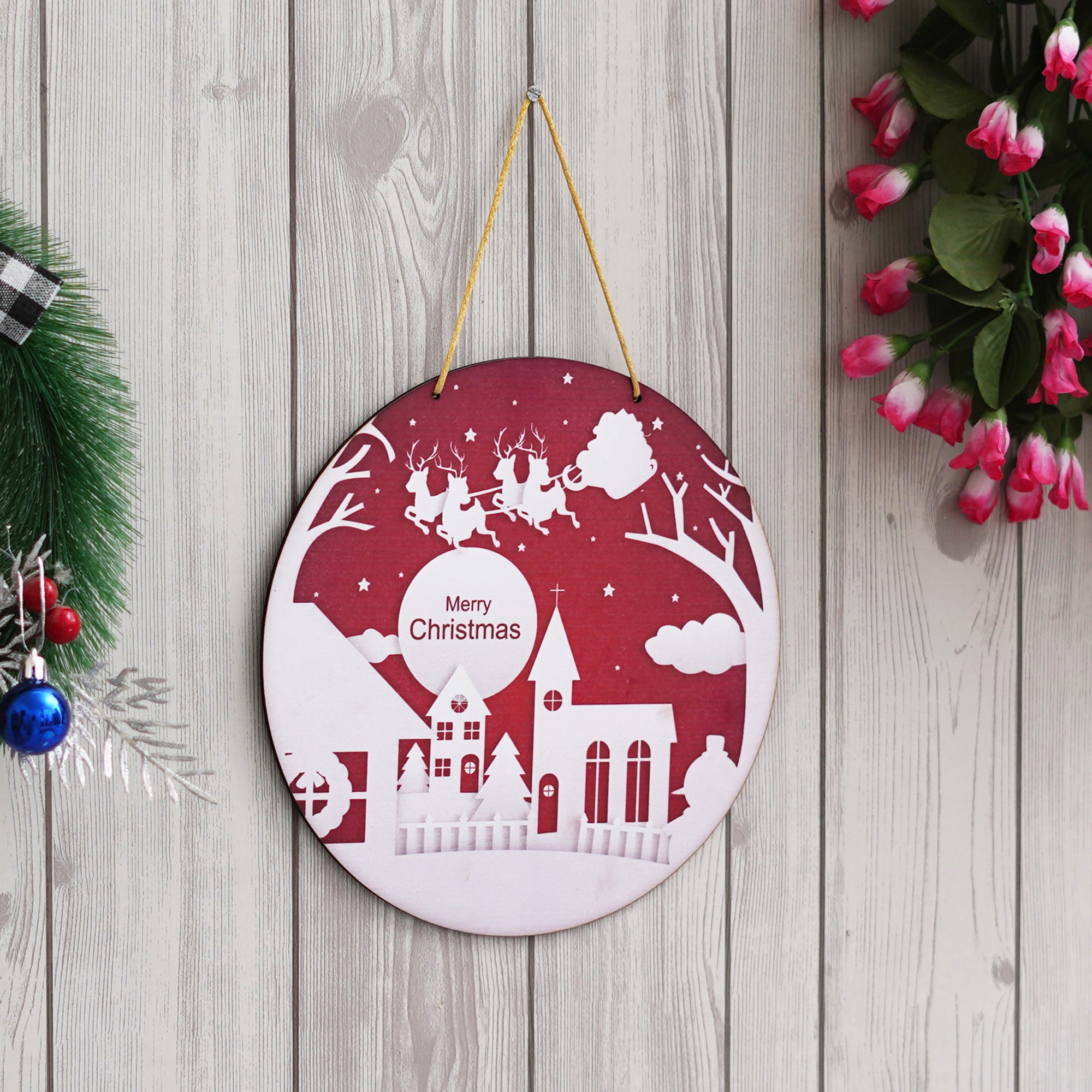 eCraftIndia Merry Christmas and Santa Claus with sleigh and reindeer Printed Door Wall Hanging for Home and Christmas Decoration (Red, White) 5