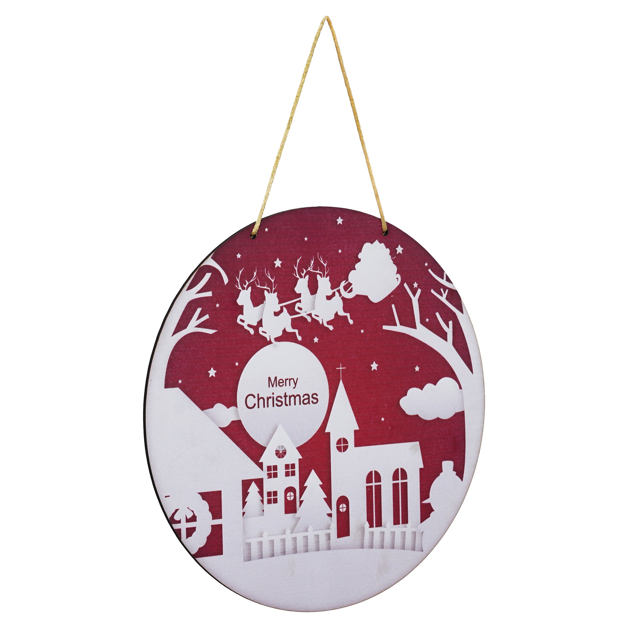 eCraftIndia Merry Christmas and Santa Claus with sleigh and reindeer Printed Door Wall Hanging for Home and Christmas Decoration (Red, White) 6