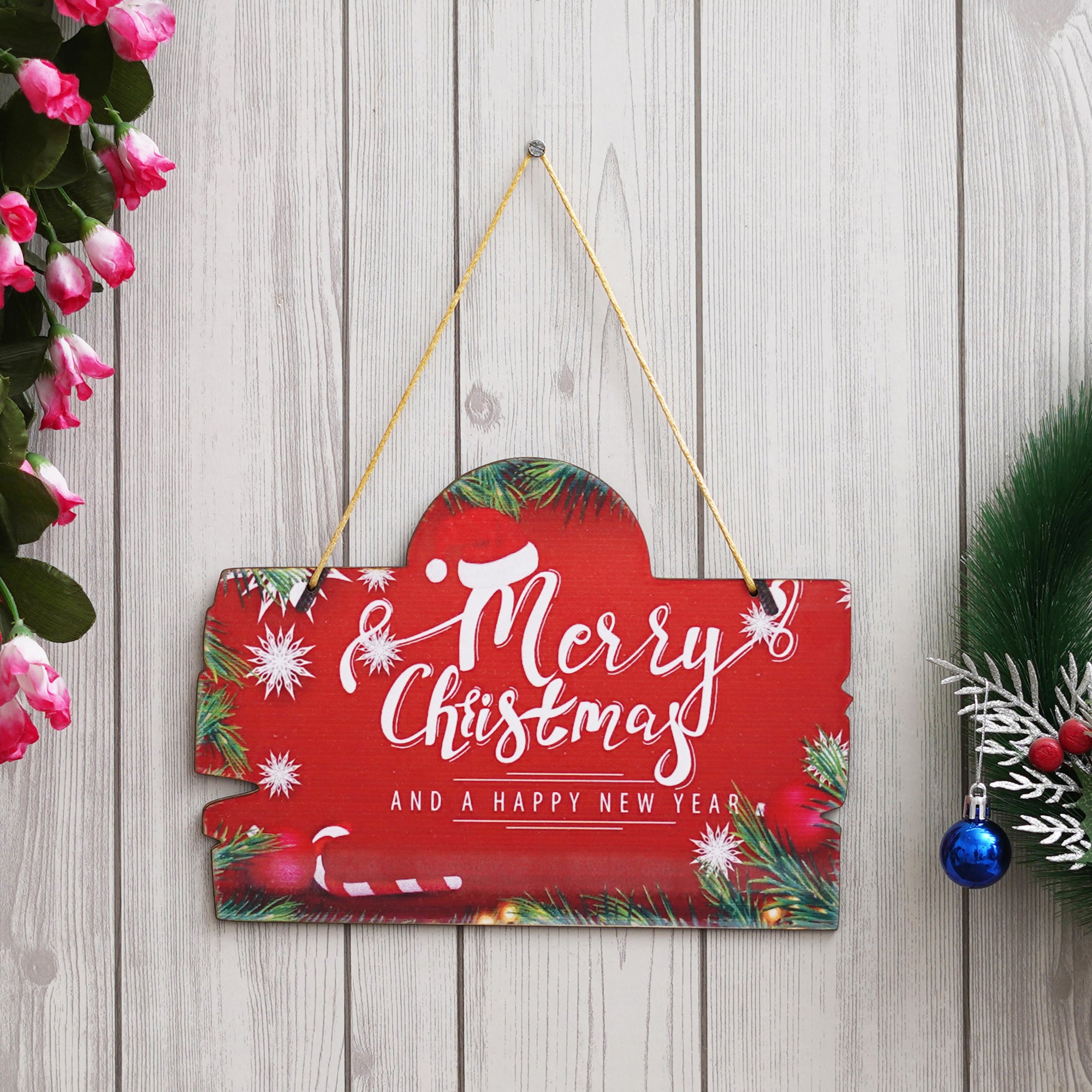 eCraftIndia "Merry Christmas and Happy New Year" Printed Door Wall Hanging for Home and Christmas Tree Decorations (Red, Green, White)