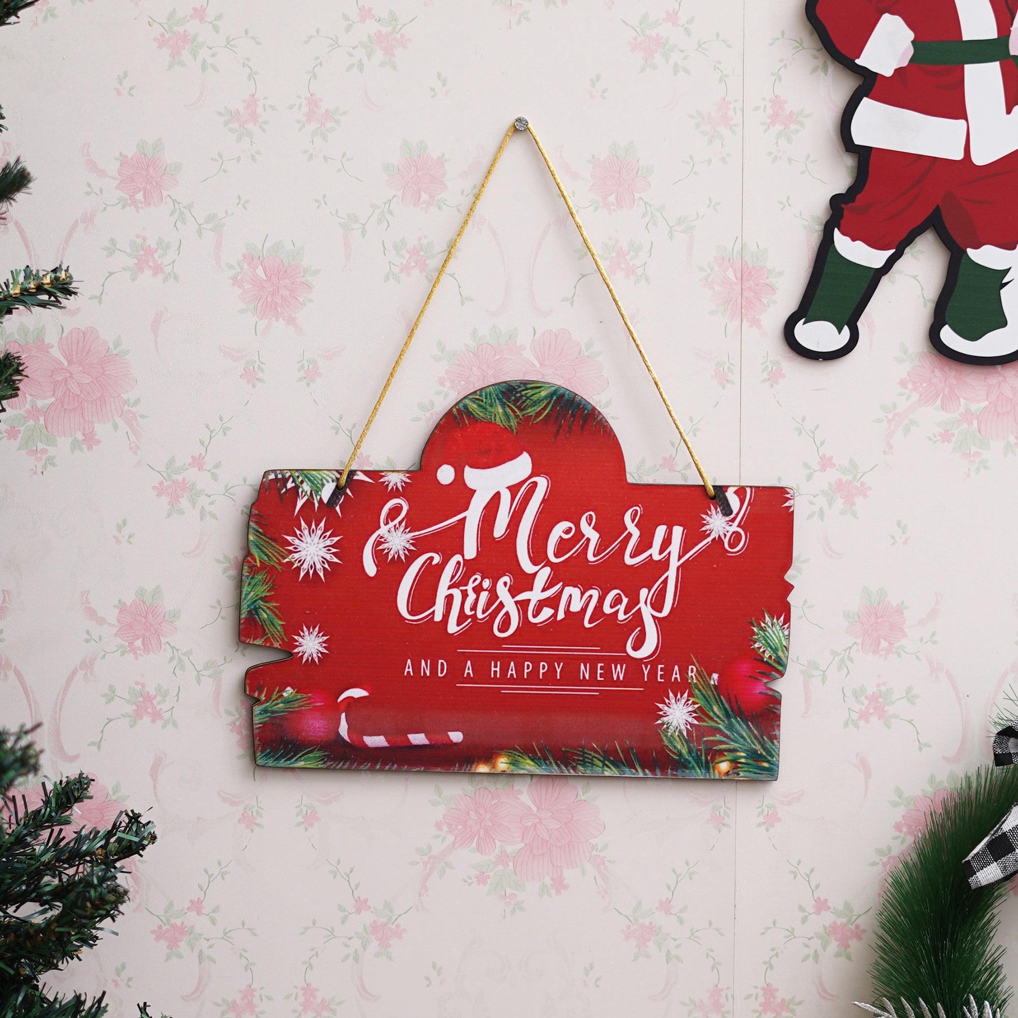 eCraftIndia "Merry Christmas and Happy New Year" Printed Door Wall Hanging for Home and Christmas Tree Decorations (Red, Green, White) 1