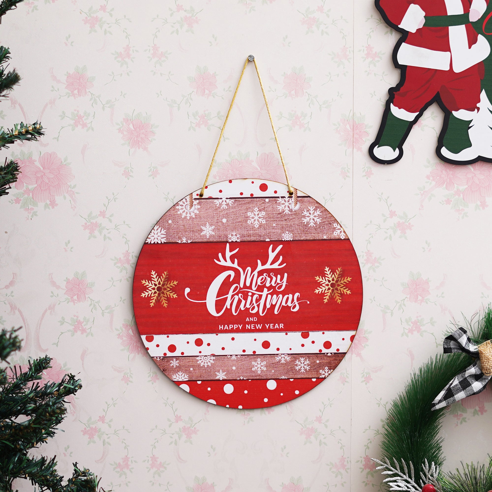 eCraftIndia "Merry Christmas and Happy New Year" Printed Wooden Door Wall Hanging for Home and Christmas Tree Decorations (Red, White, Golden)
