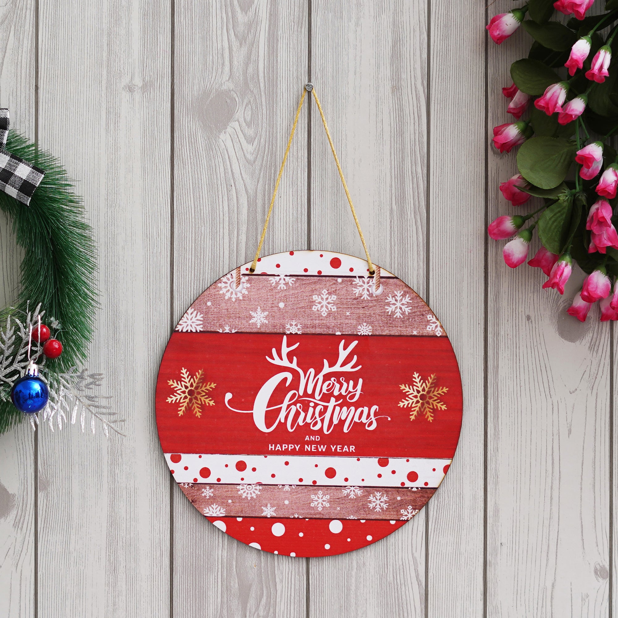 eCraftIndia "Merry Christmas and Happy New Year" Printed Wooden Door Wall Hanging for Home and Christmas Tree Decorations (Red, White, Golden) 1